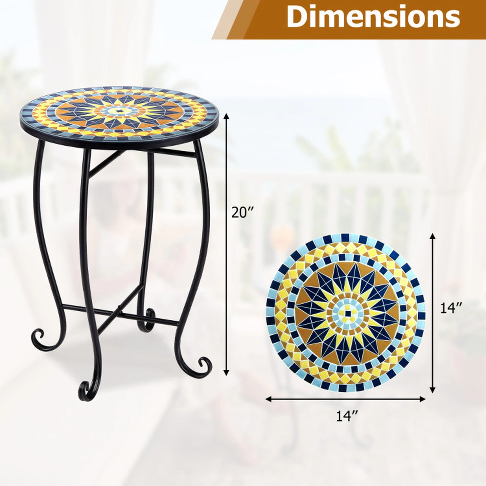 SUGIFT 14-in Floral Mosaic Metal Accent Coffee End Table 35-lb Capacity 14 x 20 in Outdoor Side Table or Plant Stand