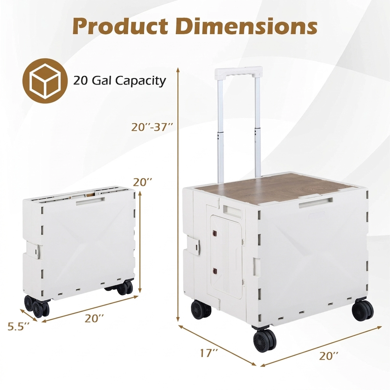 SUGIFT Foldable Utility Cart 4 Wheels Telescoping Handle 66-lb Lid Capacity 20-37-in Handle 20 x 17 x 20-in White