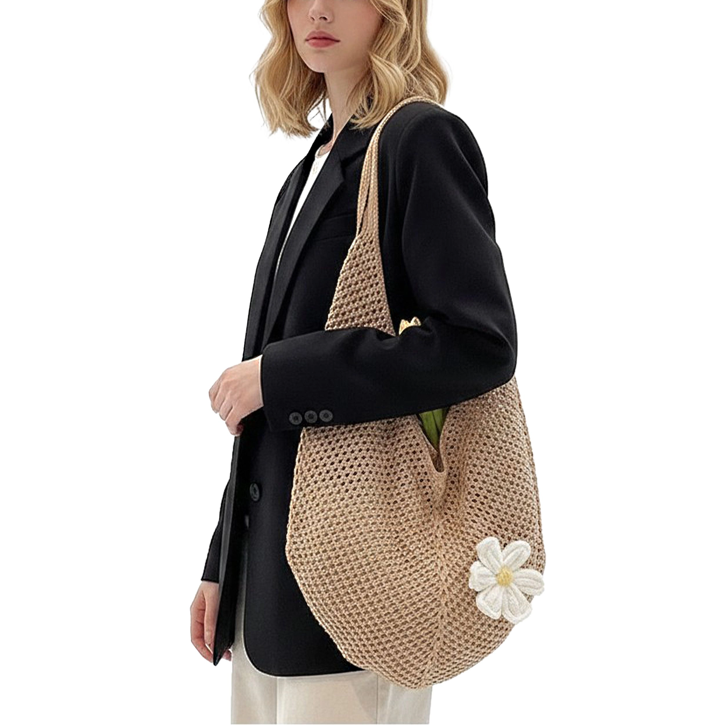 Alilang Women's Woven Crochet Hobo Shoulder Bag Lightweight Knit Slouchy Tote with Flower Detail, Beige