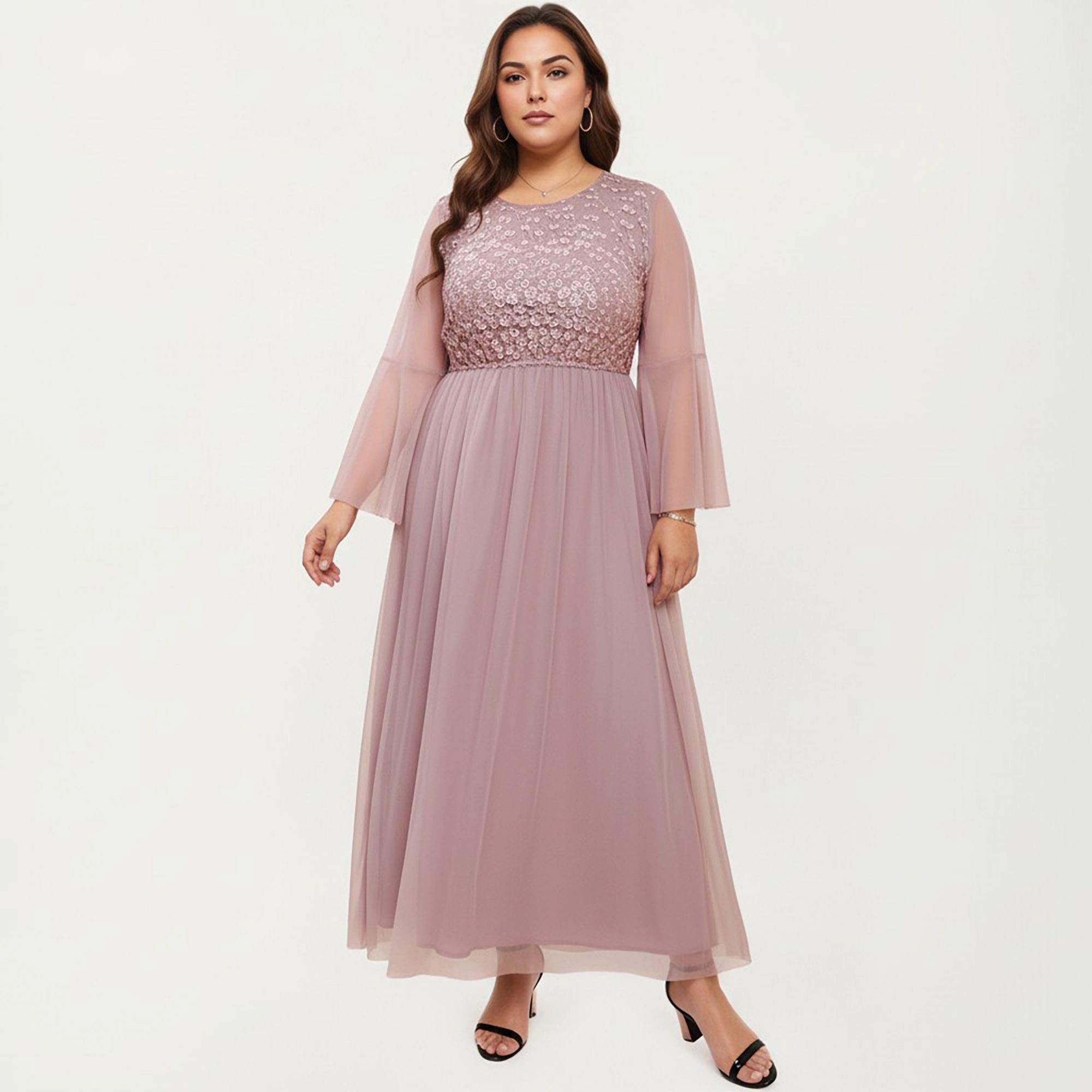Anna-Kaci Women's Plus Long Sleeve Embroidered Mesh Flowy Skirt Defined Waist Midi Dress