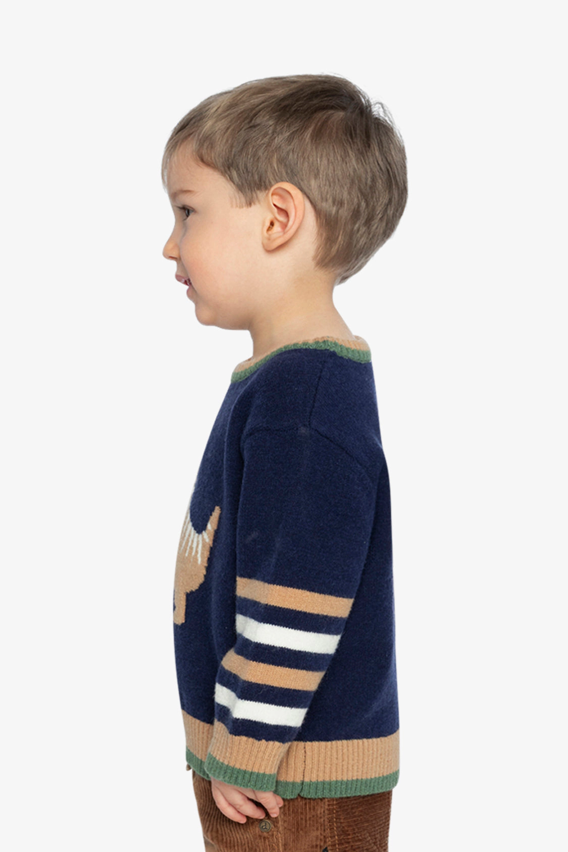 Deux par Boys Knit Crewneck Sweater with Dino Intarsia and Striped Ribbed Trim