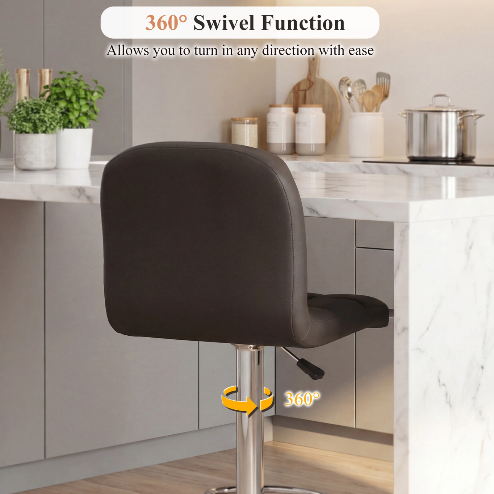 SUGIFT Faux Leather Seat and Silver Base Set of 2 Brown Adjustable Swivel Bar Stools