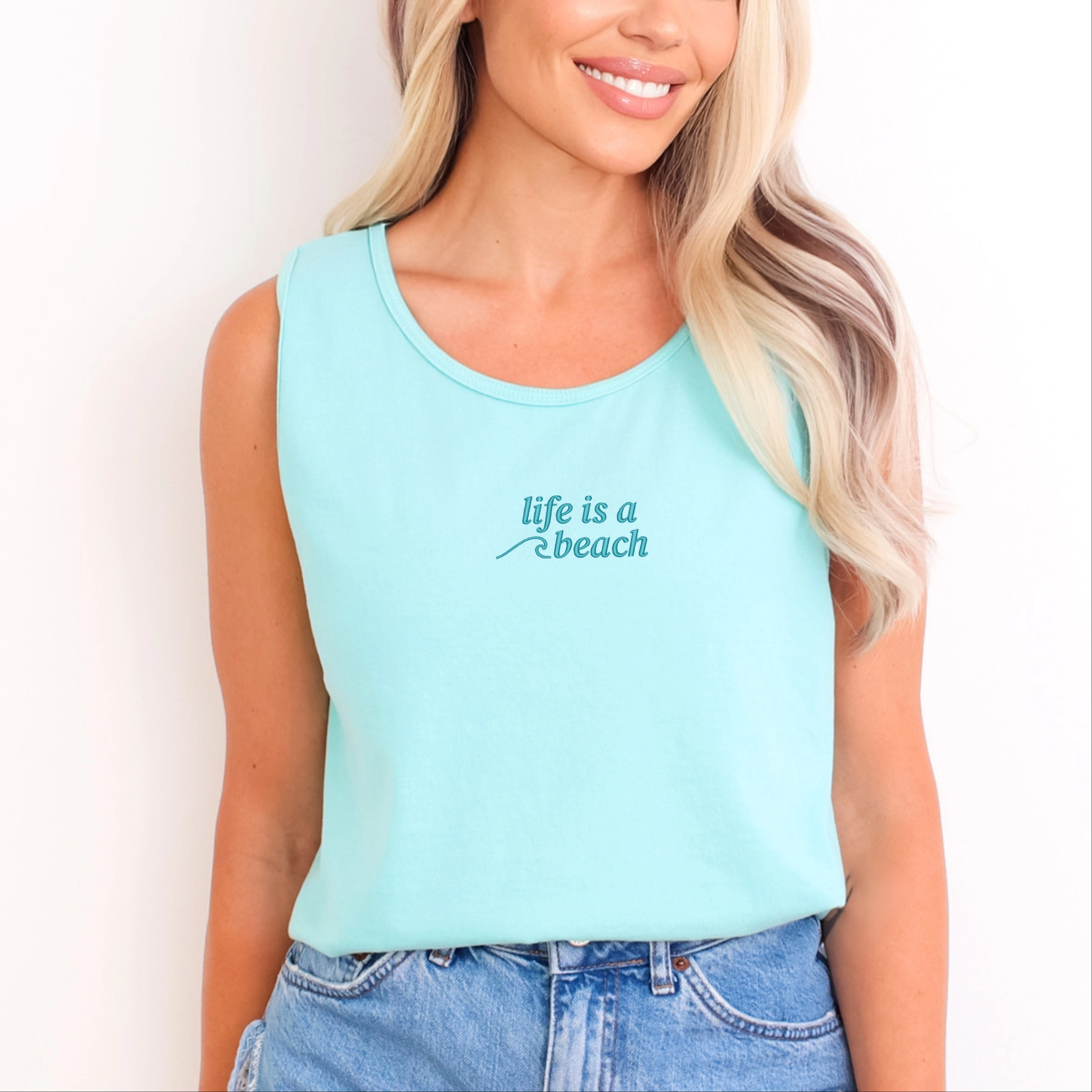 Simply Sage Market - Embroidered Life Is A Beach Wave Women's Garment Dyed Graphic Tank Top