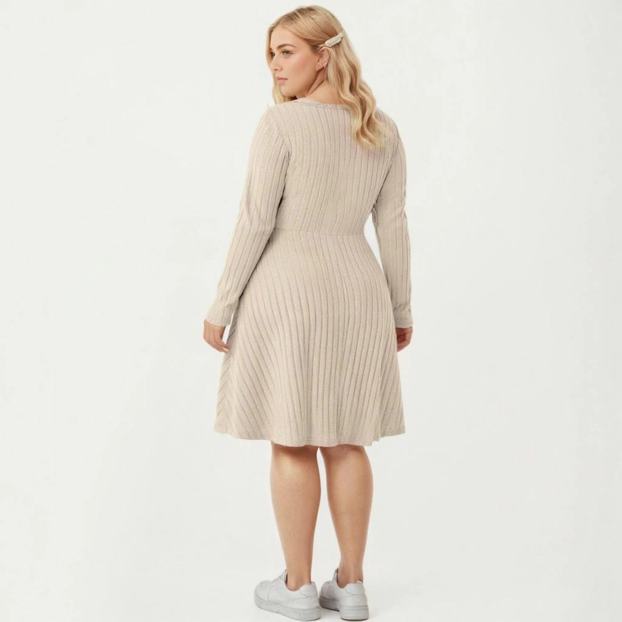 Anna-Kaci Women's Plus Size Long Sleeve Ribbed Tie Front Flared Skirt Knit Dress