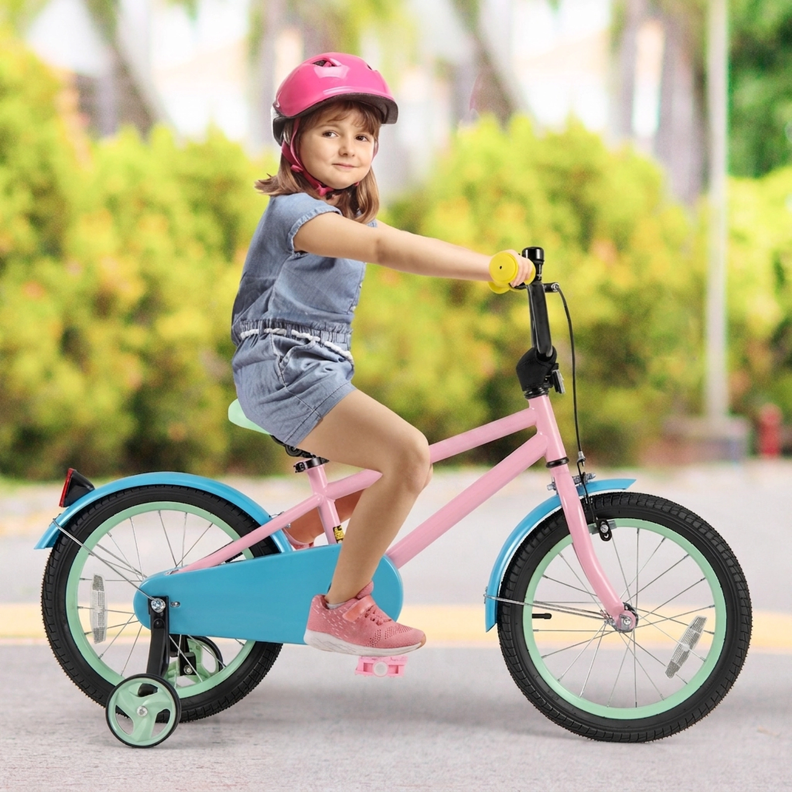 16-in Girls Bike Coaster Brake Hand Lever Removable Training Wheels Anti-Slip Grips Pedals Chain Guard Ages 4-7 Pink