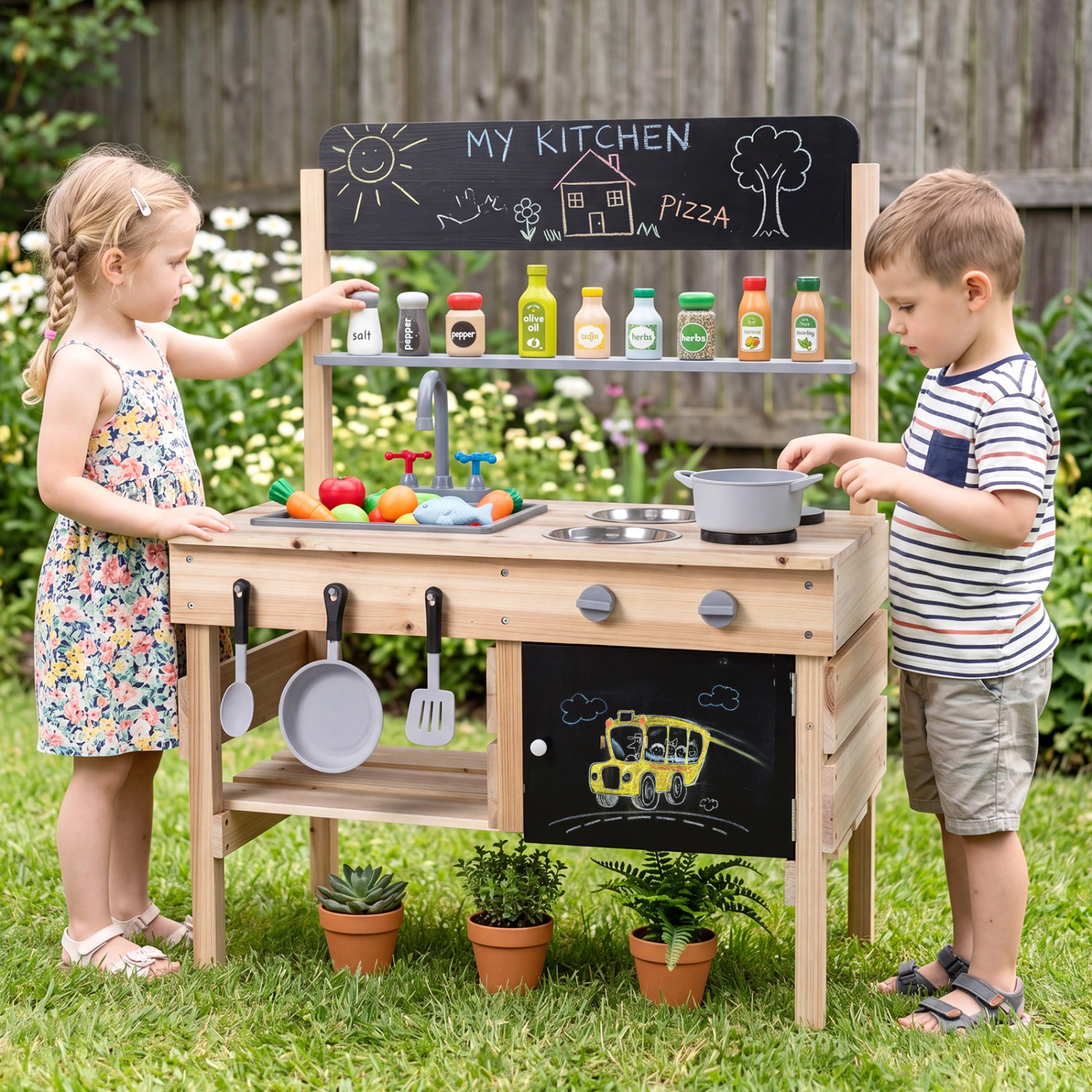 LJG Outdoor Wooden Mud Kitchen for Kids with Sink and Stoves