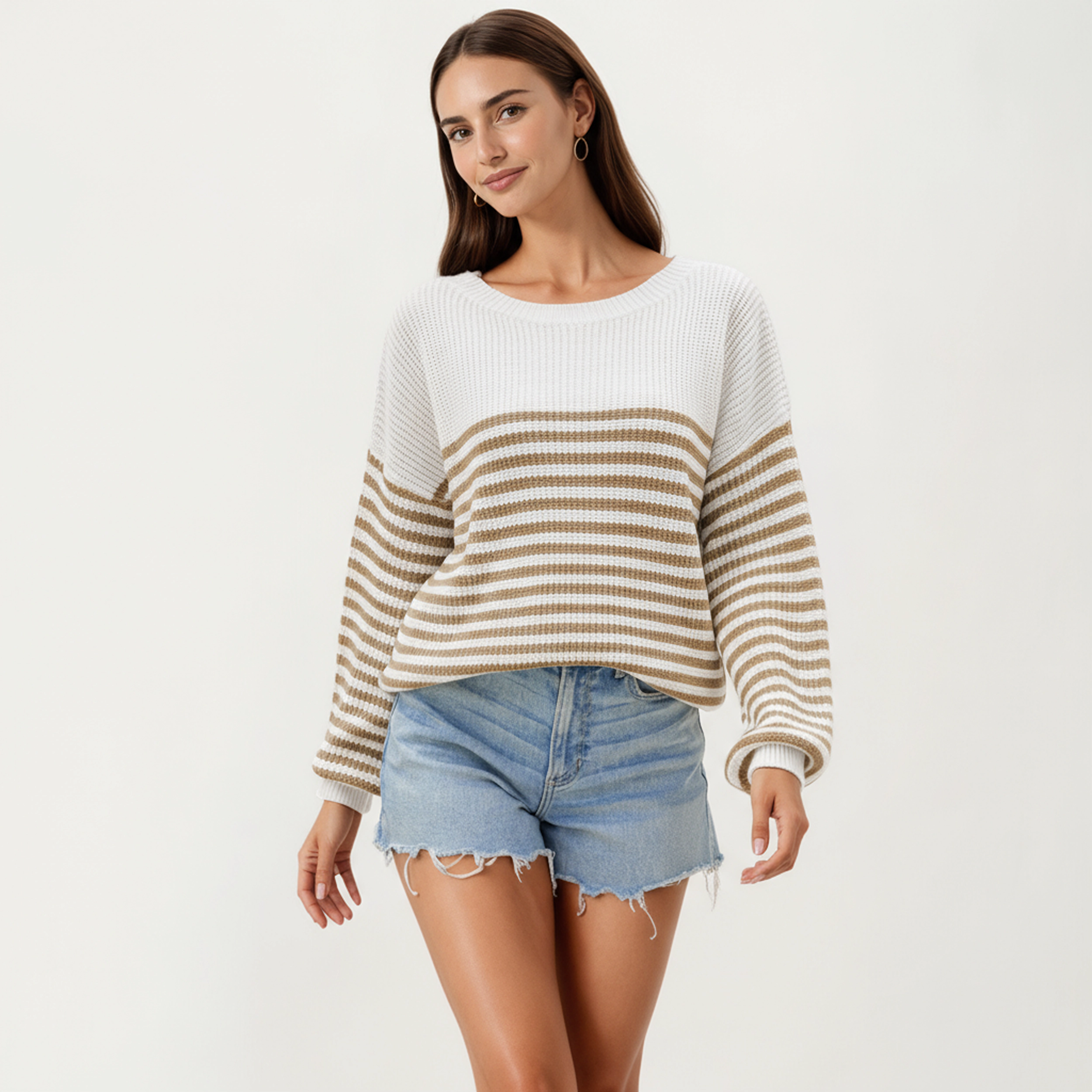Anna-Kaci Women's Striped Knit Pullover Sweater with Relaxed Fit and Ribbed Hem