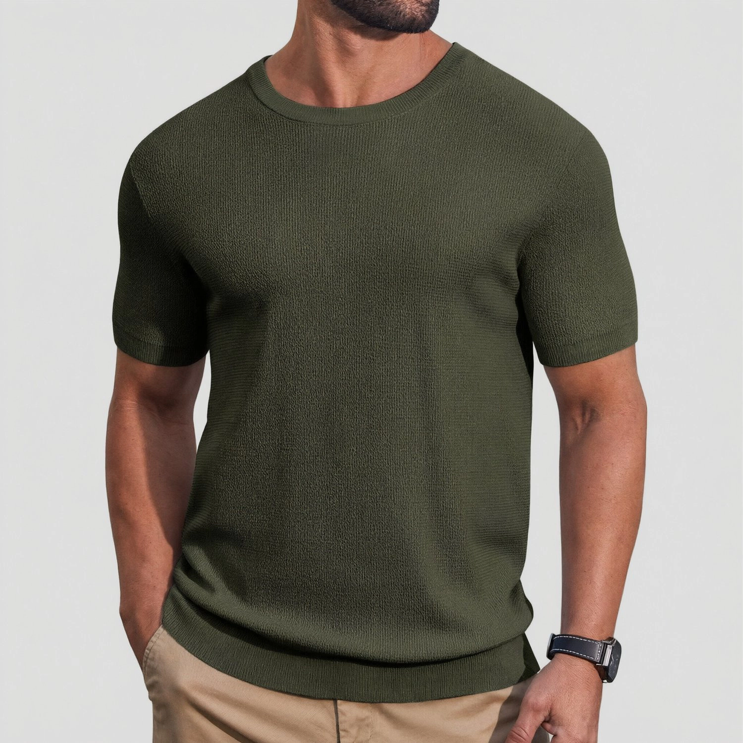 COOFANDY Mens  Casual Short Sleeve Crew Neck Textured Ribbed Hem Solid Tee