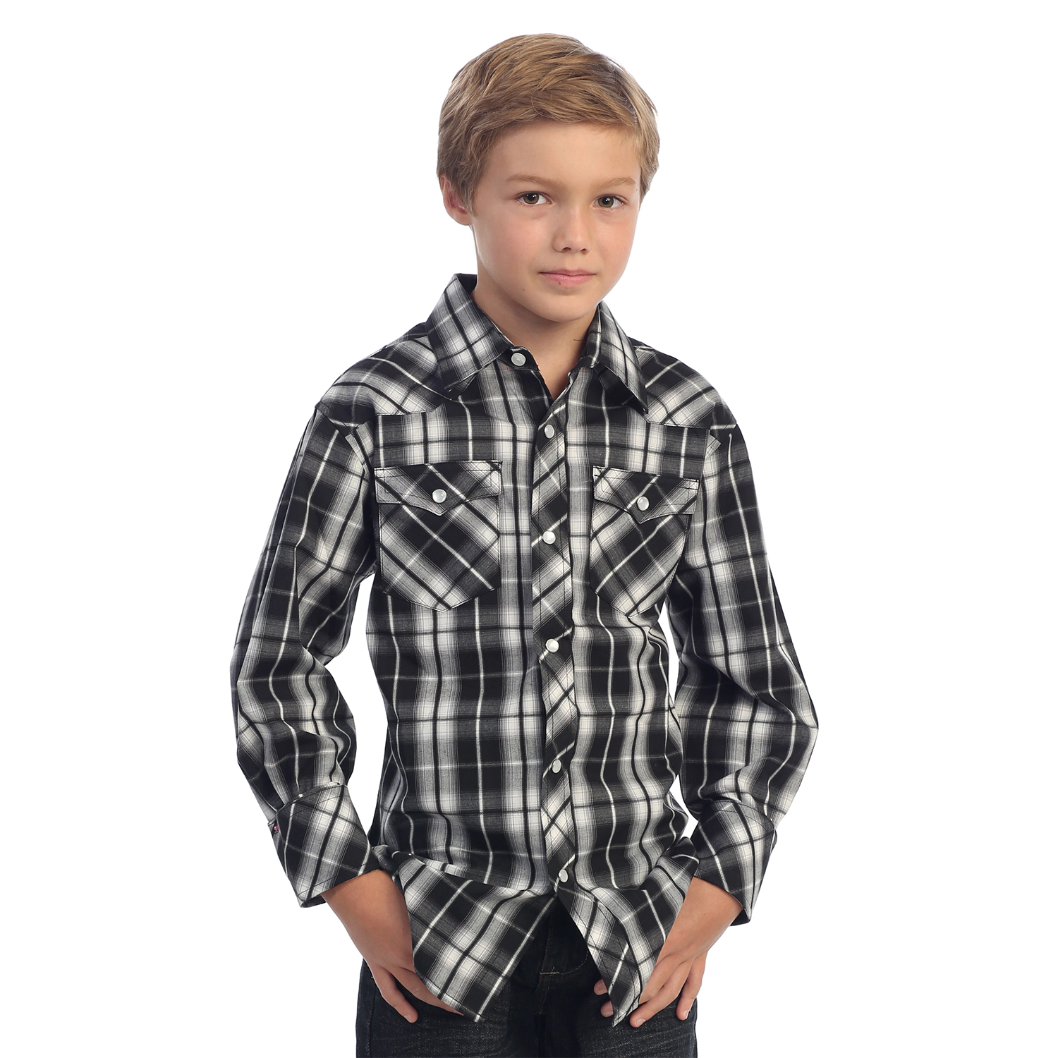 Gioberti Boy's Casual Western Plaid Long Sleeve Pearl Snaps Shirt
