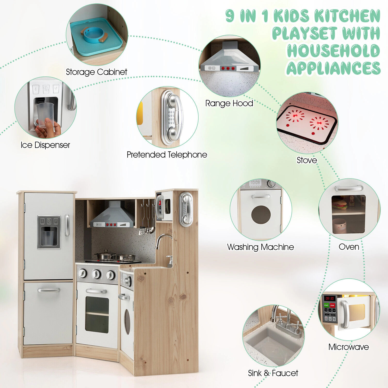 SUGIFT White and Natural Cookware Range Hood and Oven Kids Corner Wooden Kitchen Playset
