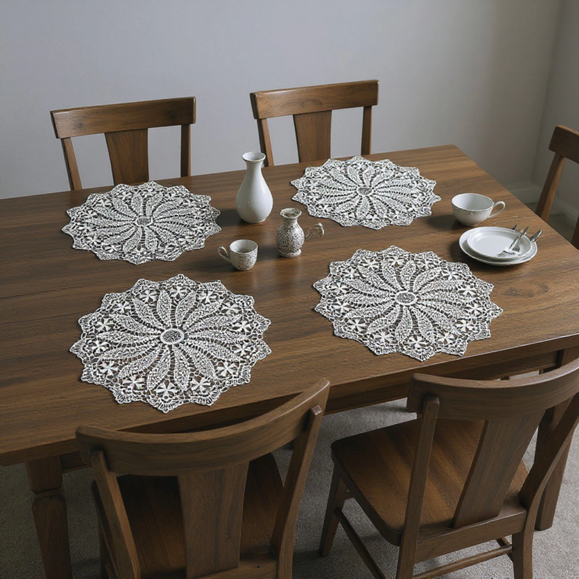 Alilang Unisex 4 Set Round Crochet Lace Placemats with Floral Pattern 11.8 in