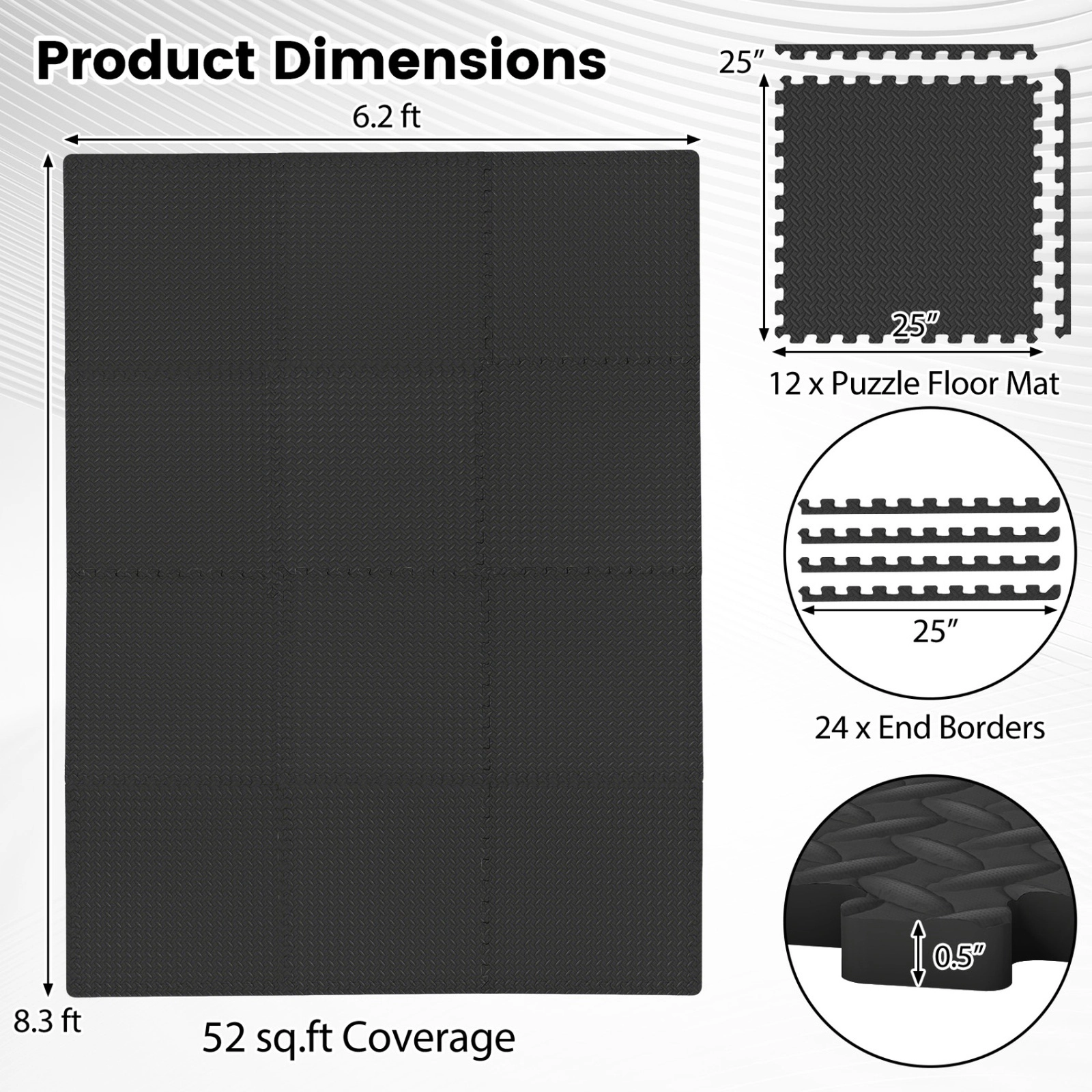 SUGIFT 12-Piece Puzzle Exercise Floor Mats 1/2-in Thick Interlocking Tiles About 52-sq-ft Coverage Black