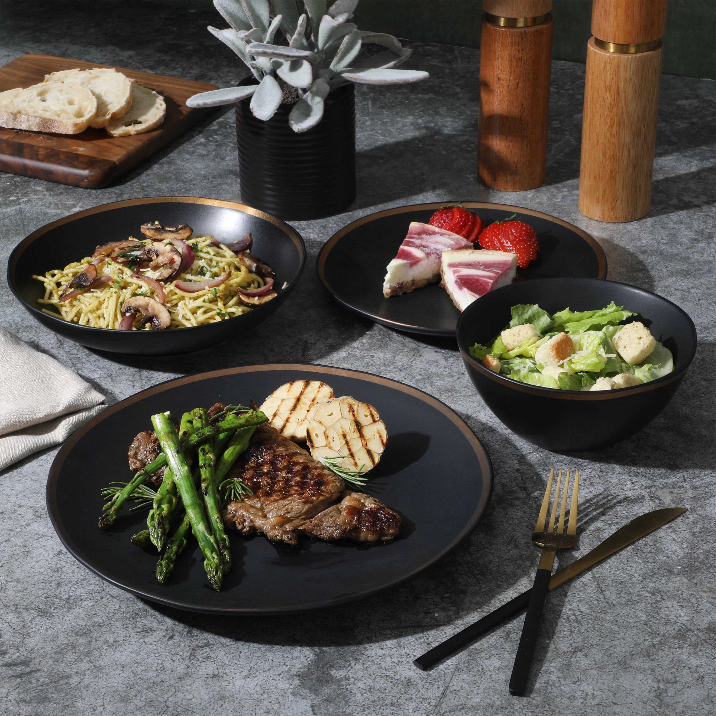 Gibson Elite 16 Piece Kings Road Gold Rimmed Porcelain Double Bowl Dinnerware Set in Matte Black
