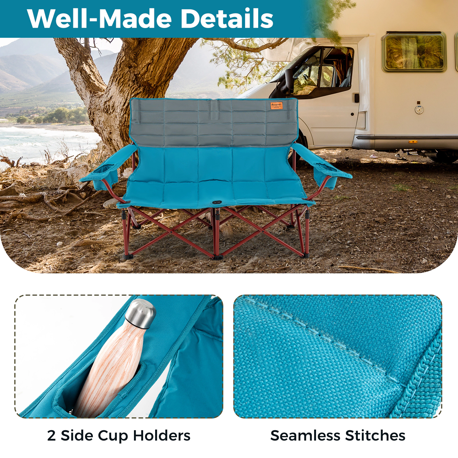 SUGIFT Oversized Folding Loveseat Camping Chair with Cup Holders 660-lb Capacity 59-in Wide 2-Person Green/Navy Blue