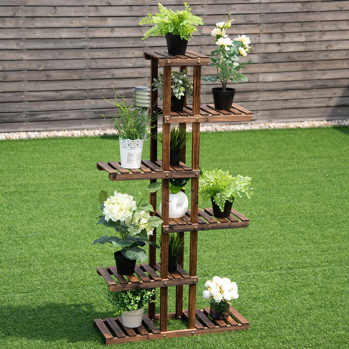 SlickBlue Wooden 6 Tier Plant Stand Hollow Shelf Flower Rack Indoor Outdoor Garden Organizer