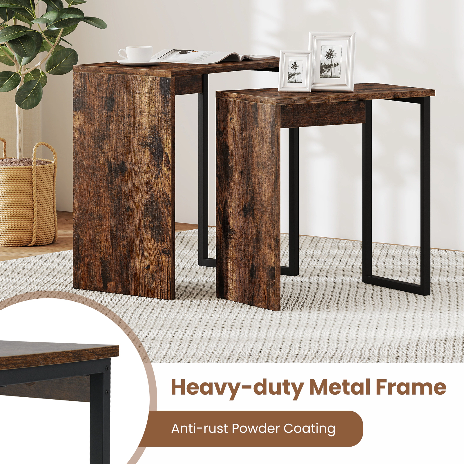 Glintex 2-Piece Nesting Side Table Set with Metal Frames and Wood-Grain Tops, Rustic Brown