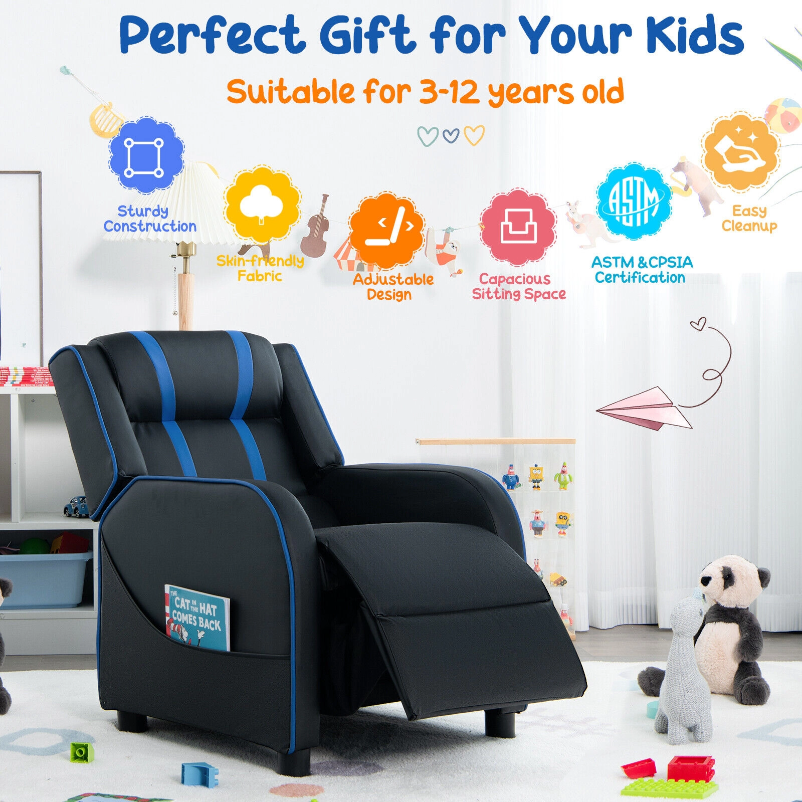 SUGIFT High-Density Sponge Kids Recliner Chair with Side Pockets and Footrest 110-lb Capacity Ages 3-12 Blue