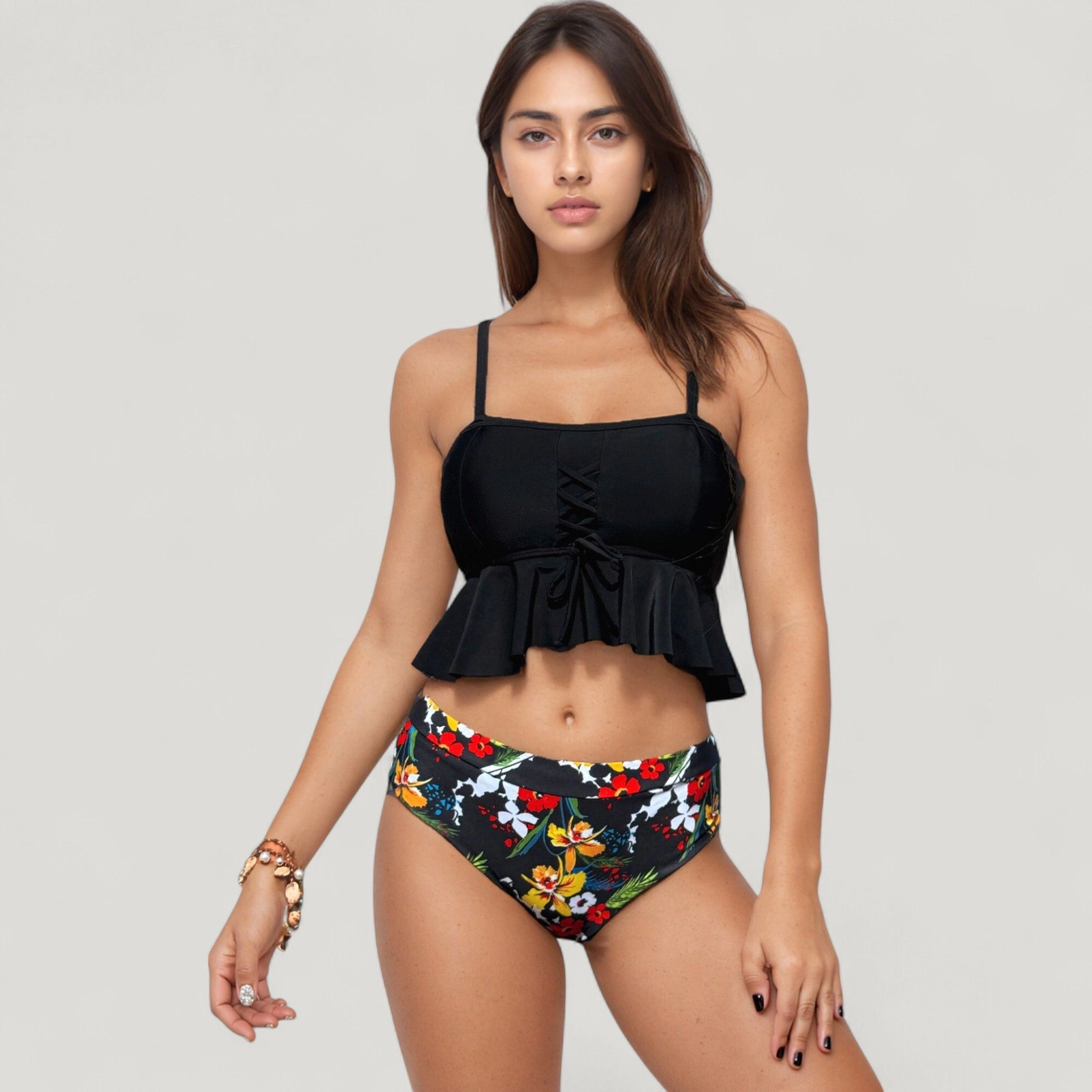 Anna-Kaci Women's Peplum Lace-Up Tankini Top, High-Waist Floral Bikini Bottom Two-Piece Swimsuit