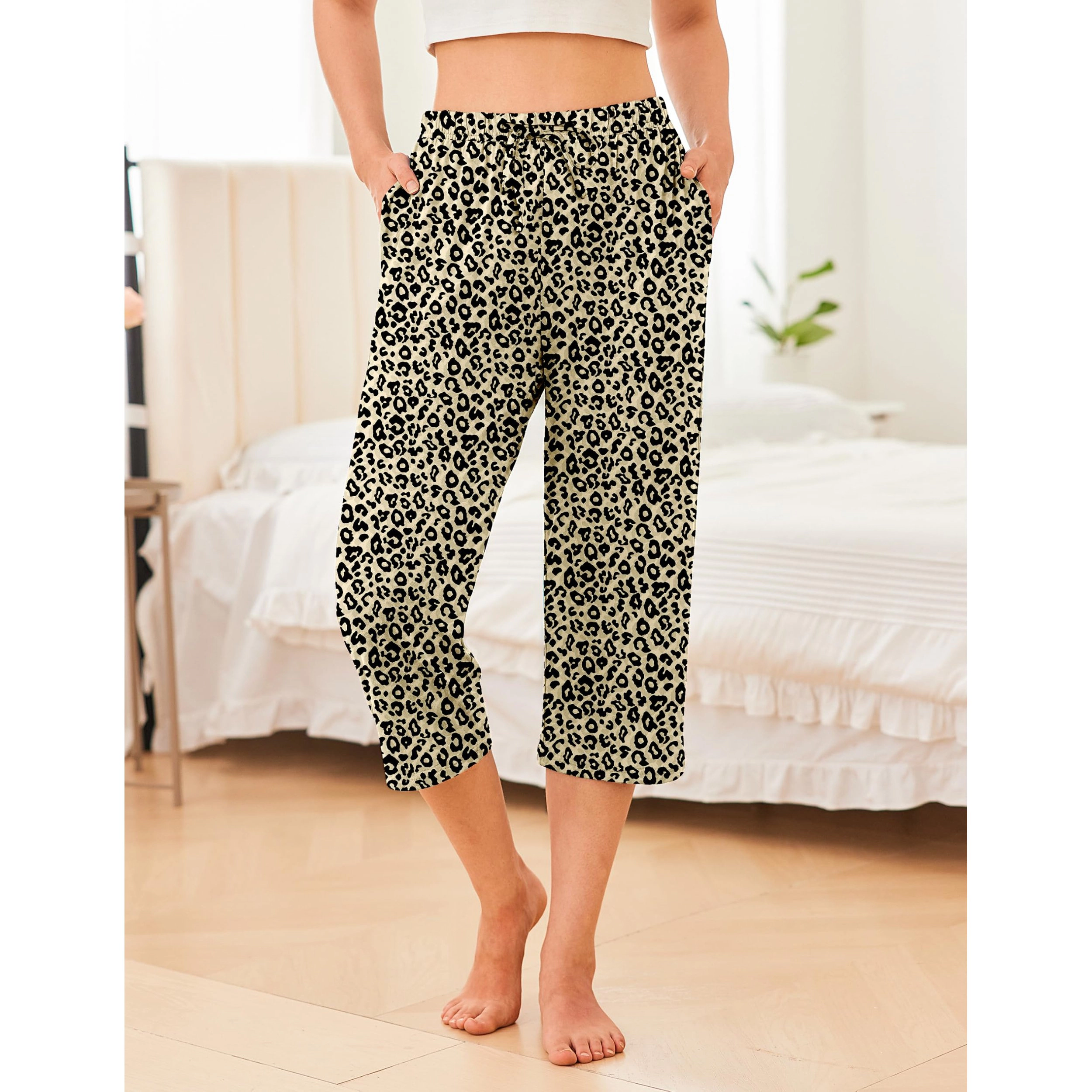 Ekouaer Women's Drawstring Capri Wide Leg Pajama Pants with Pockets