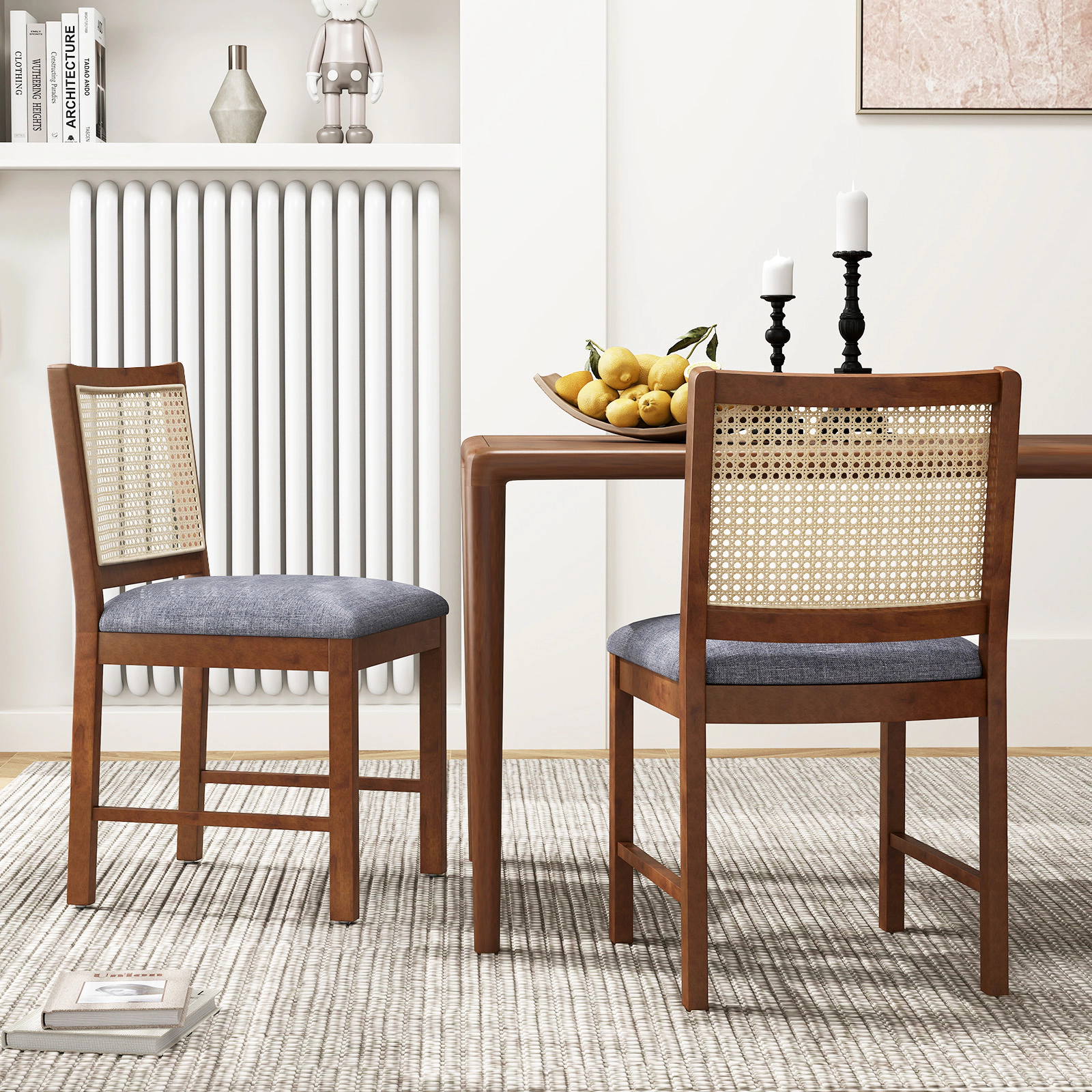 SUGIFT Natural Rubber Wood Rattan Dining Chair with Linen Padded Seat 220-lb Capacity Brown Gray Yellow