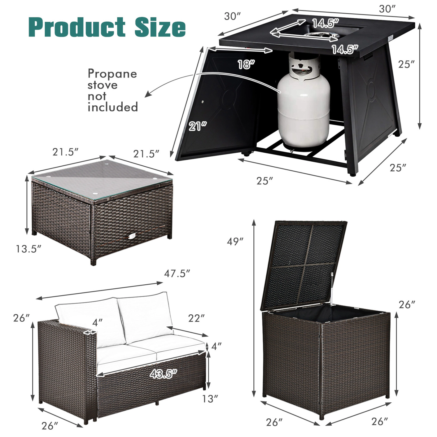 LJG 5 Piece Patio Furniture Set with 50000 BTU Propane Fire Pit Table
