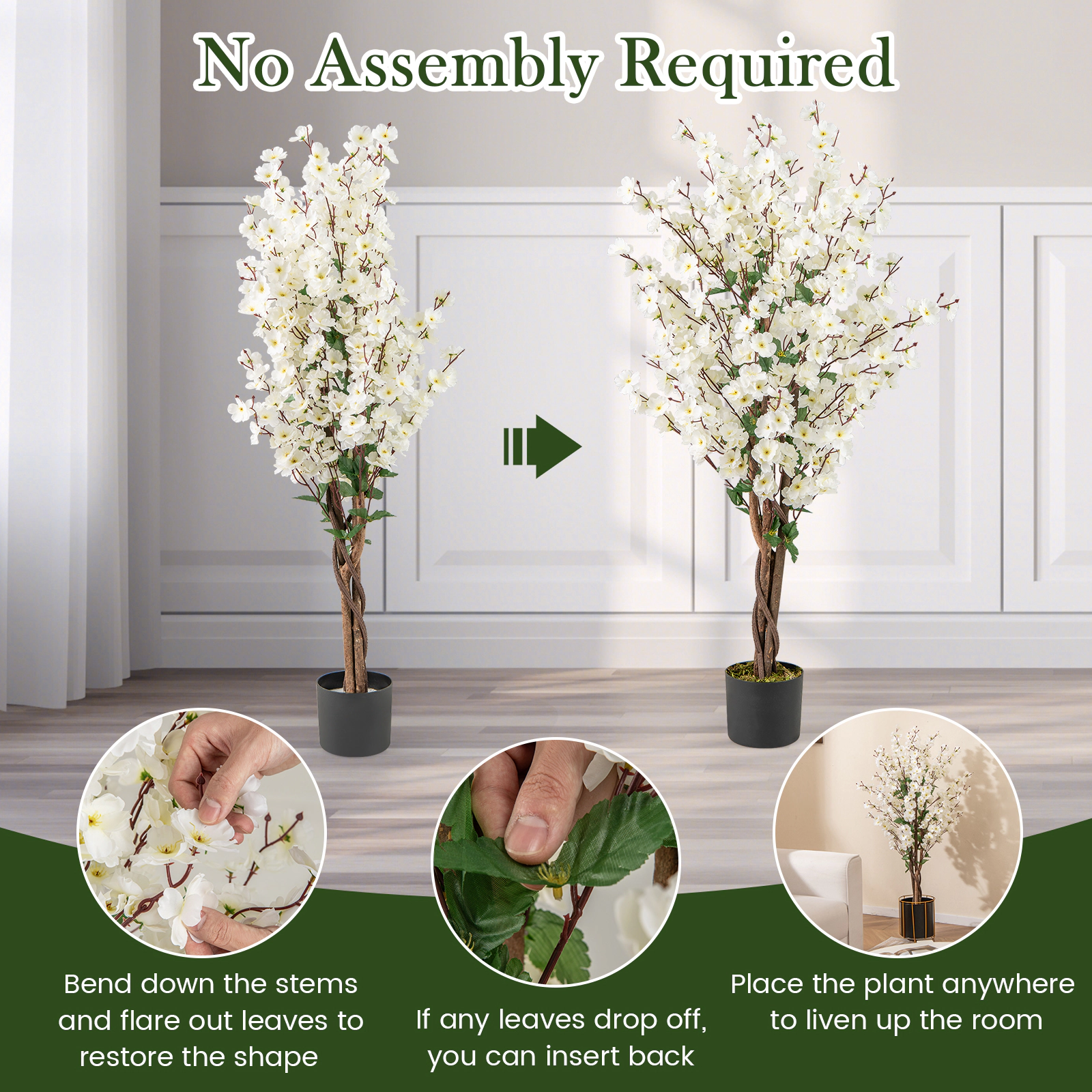 Slickblue 47 inch Artificial Plum Blossom Tree with White Fabric Blossoms and Wood Trunk