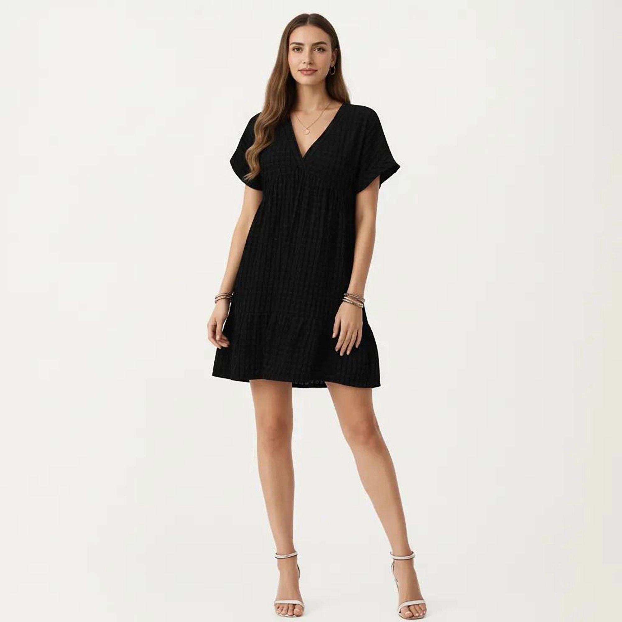 Anna-Kaci Womens Gingham V-Neck Tiered Mini Dress