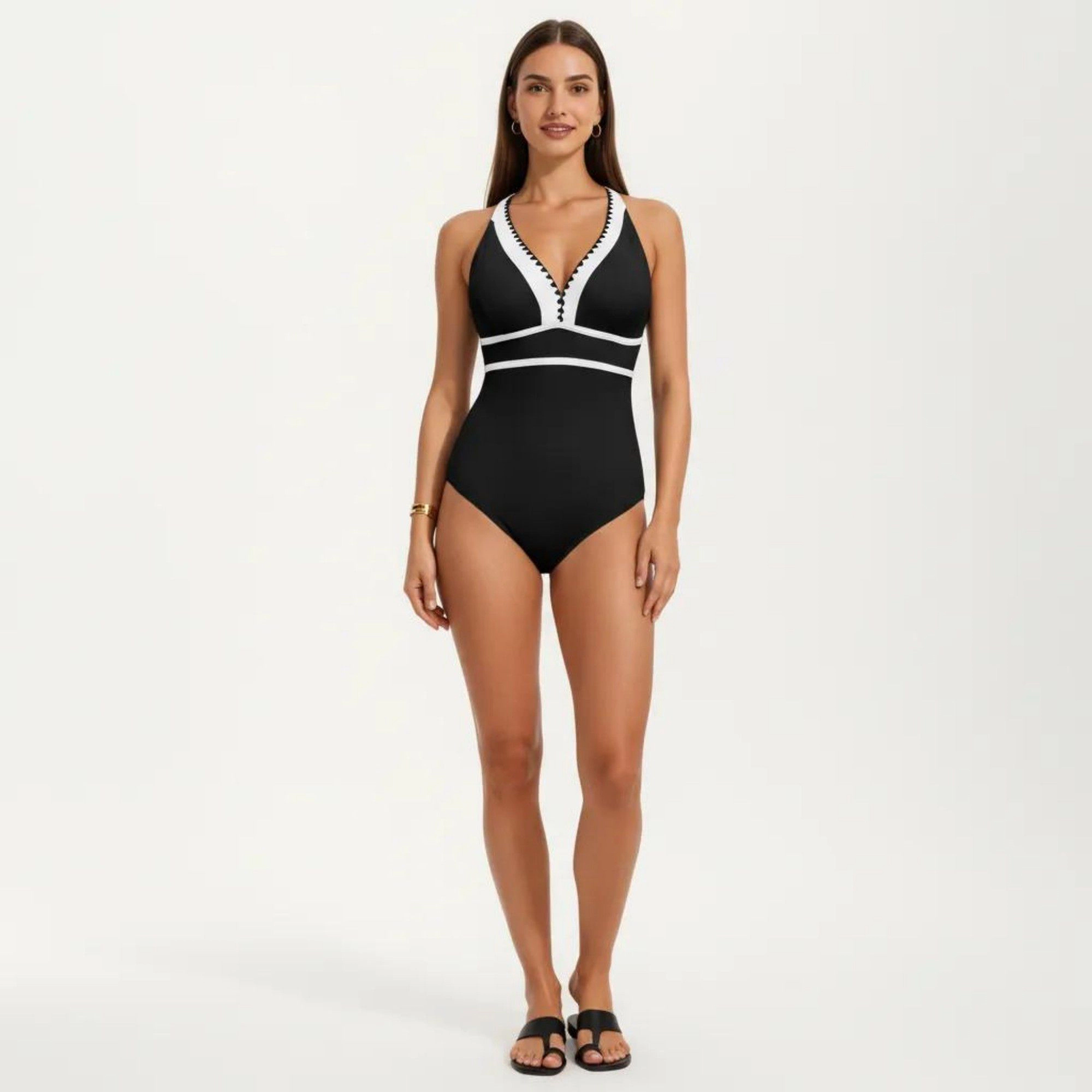Anna-Kaci Womens Deep V-Neck Contrast Trim One-Piece Swimsuit