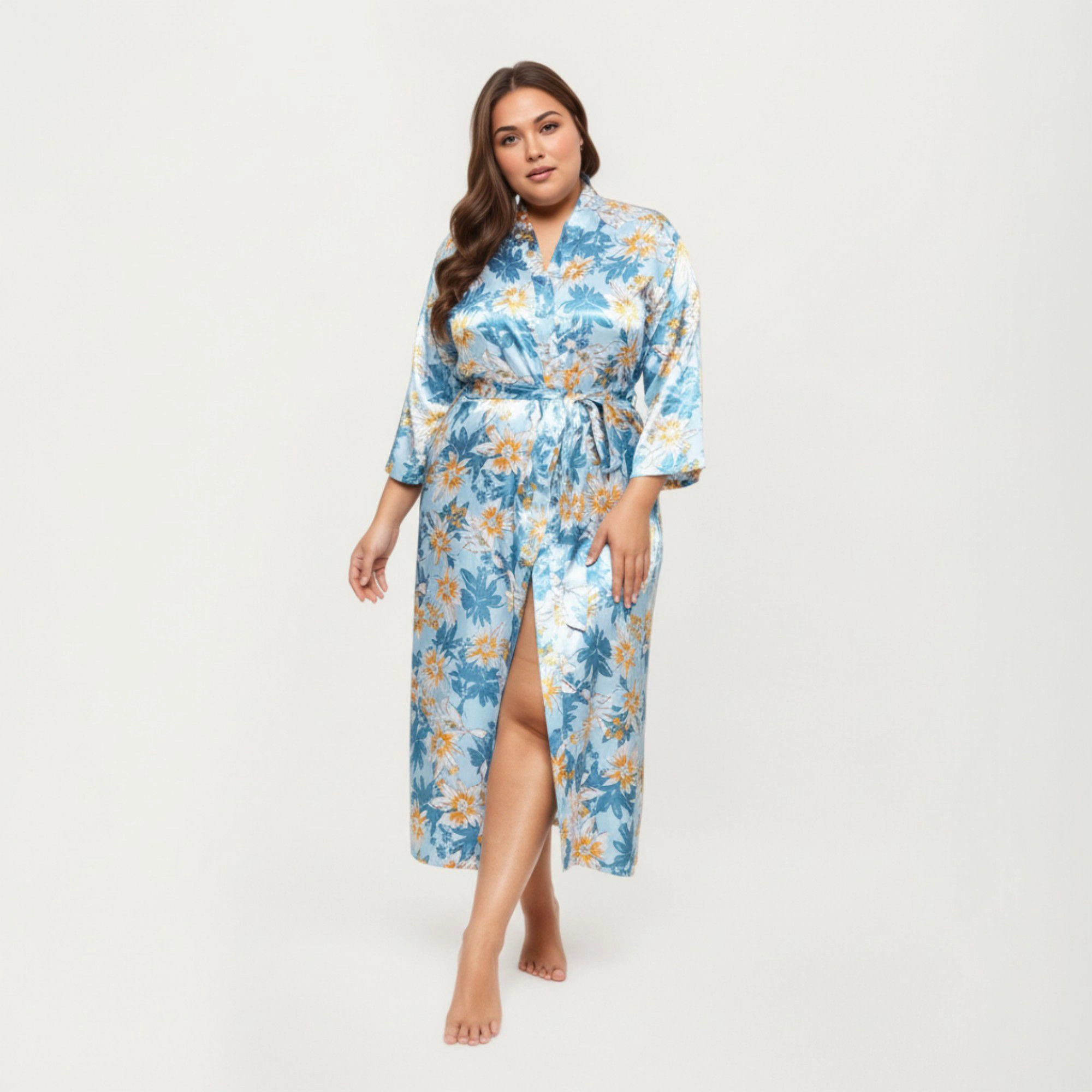 Anna-Kaci Women's Floral Print Satin Robe with Waist Tie Soft Silky Fabric Wide Sleeves and Flowing Longline Silhouette