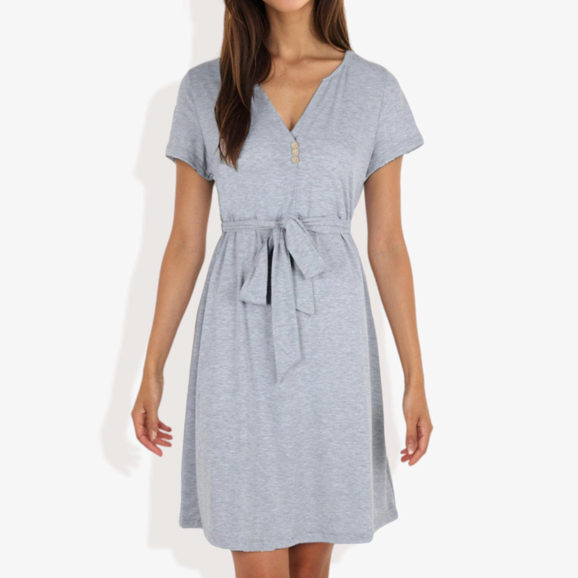 Anna-Kaci Women's Button Detail Notched V-Neck Short Sleeve Belted Flared Tunic Dress