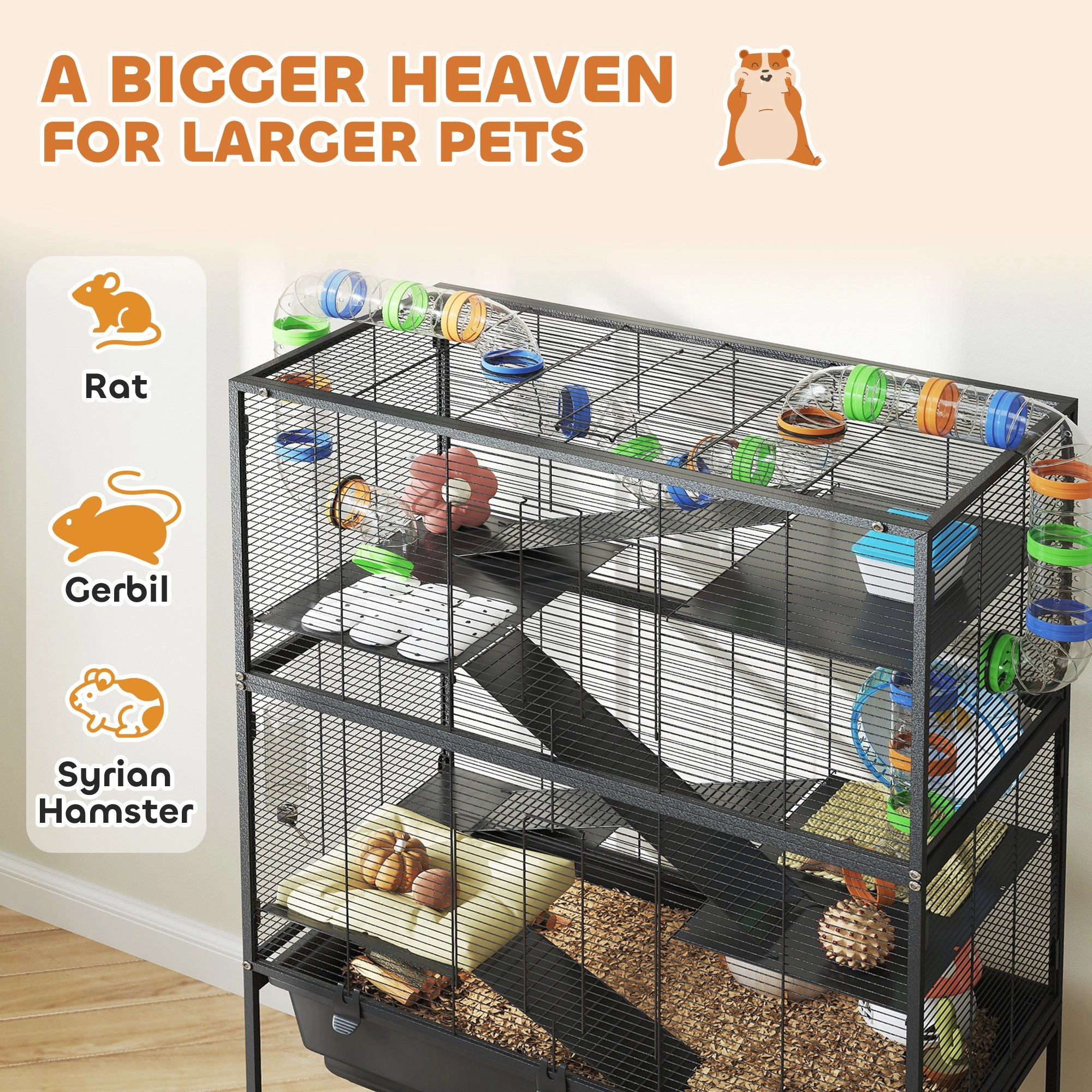 HONGGE Hamster Cage Rolling Rat Cage with Deep Tray Storage Shelf Big Exercise Wheel Hut Tube System