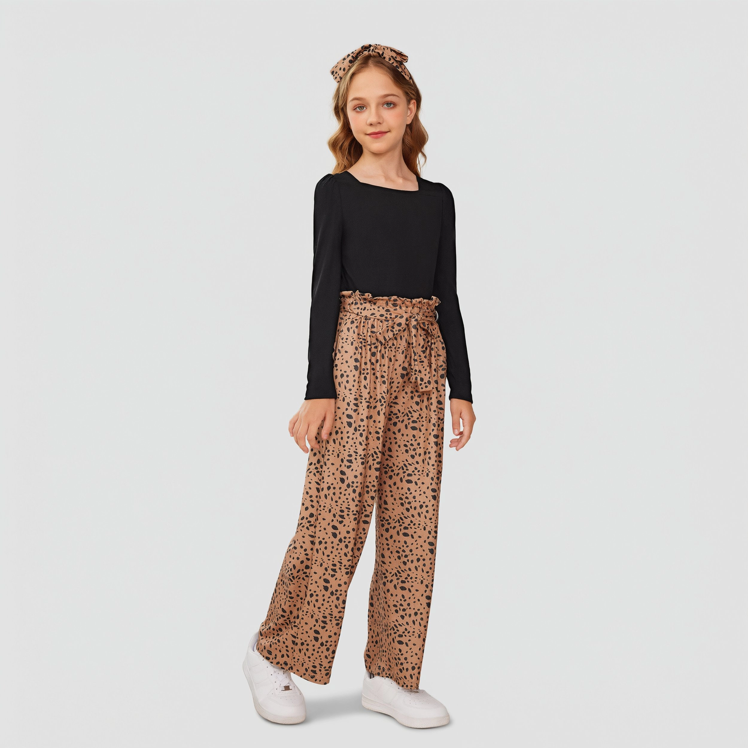 Arshiner Girls 3 Piece Outfit Square Neck Rib Top Striped Wide Leg Pants with Headband