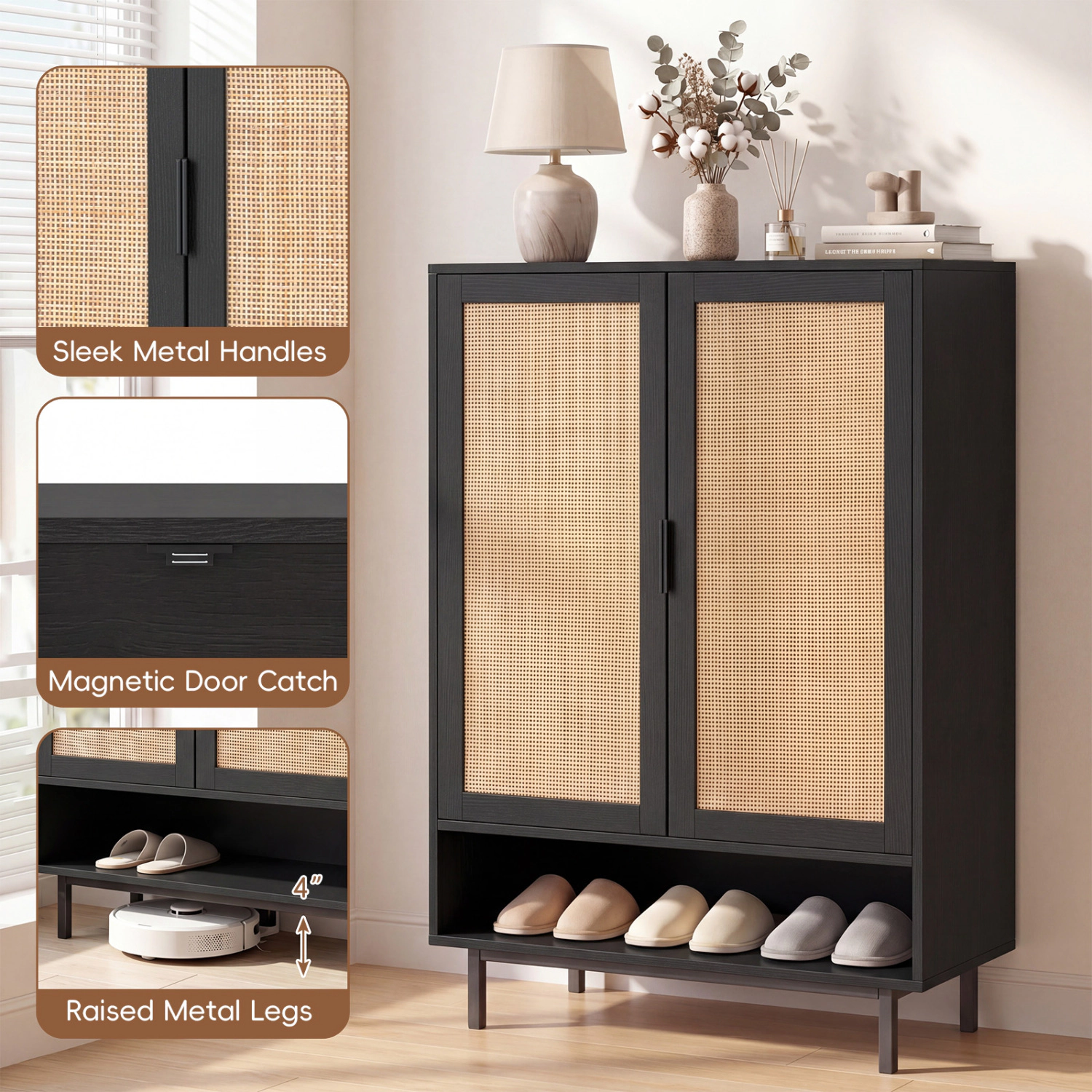 Glintex 43-Inch 6-Tier Shoe Cabinet with Rattan Detailing and 135-Lb Max Load