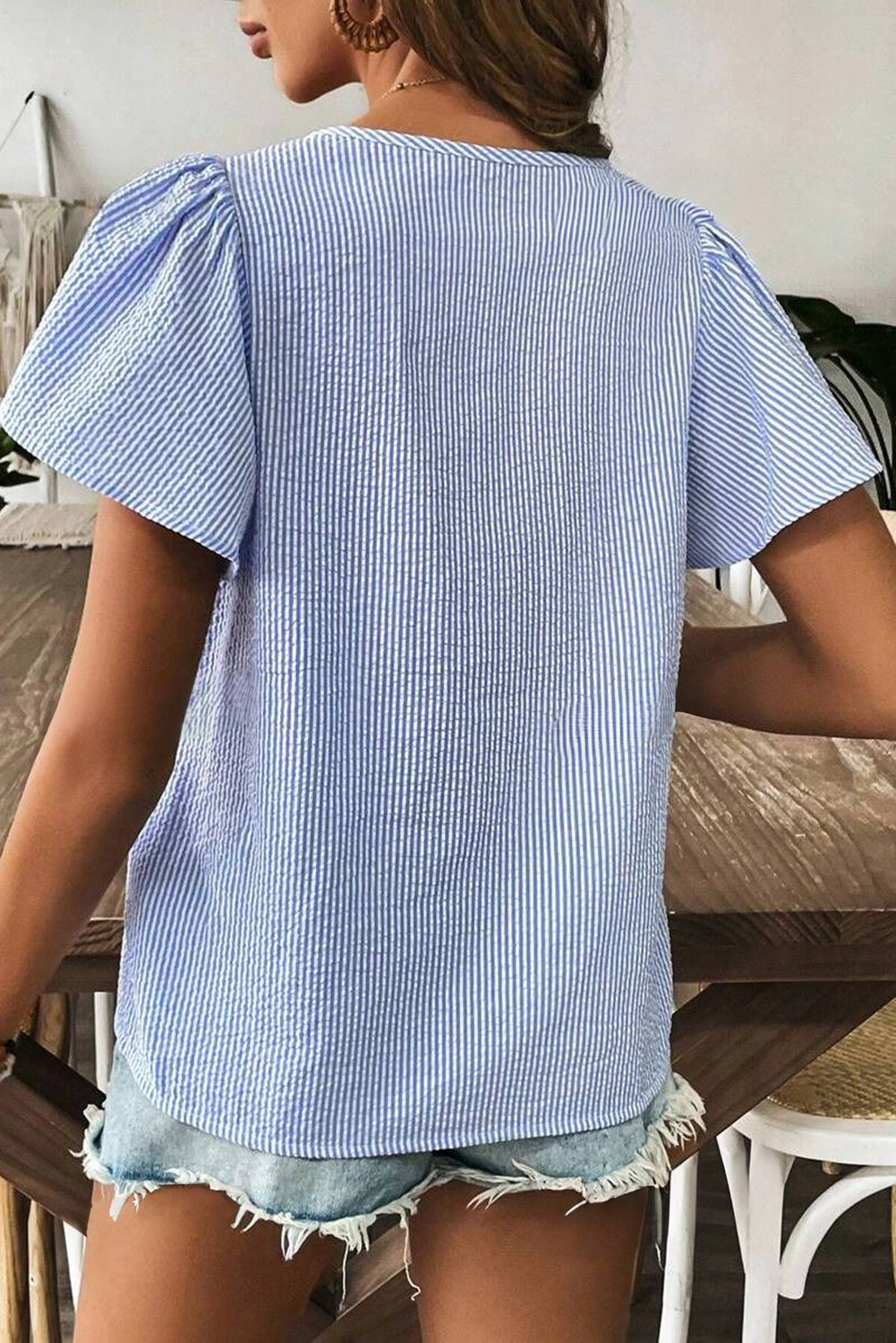 Threaded Pear Women's Marisol Stripe Textured Ruffle Square Neck Blouse