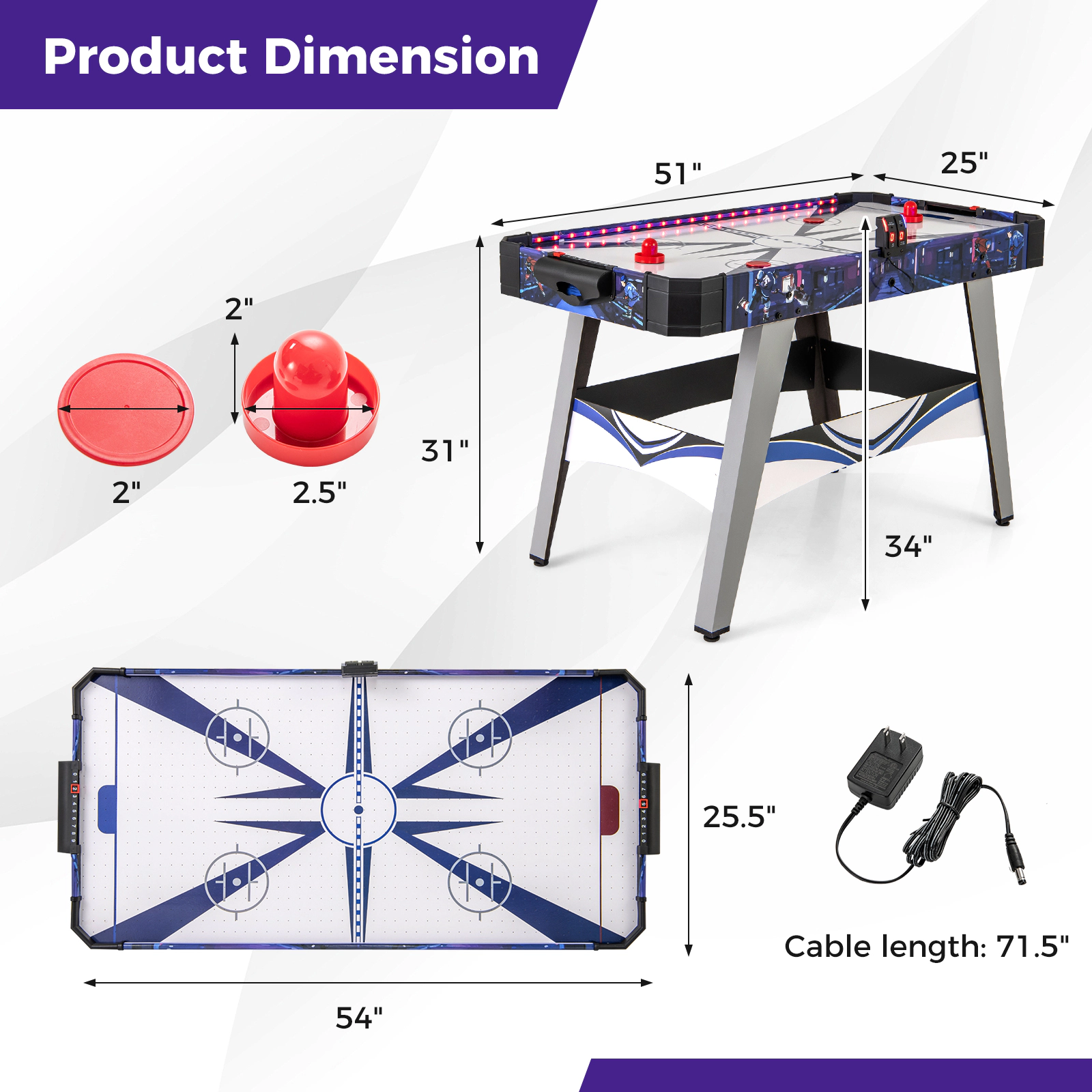 SUGIFT 54-in Air Powered Hockey Game Table with LED Score Display 2 Pushers 2 Pucks and Wide Goal Box