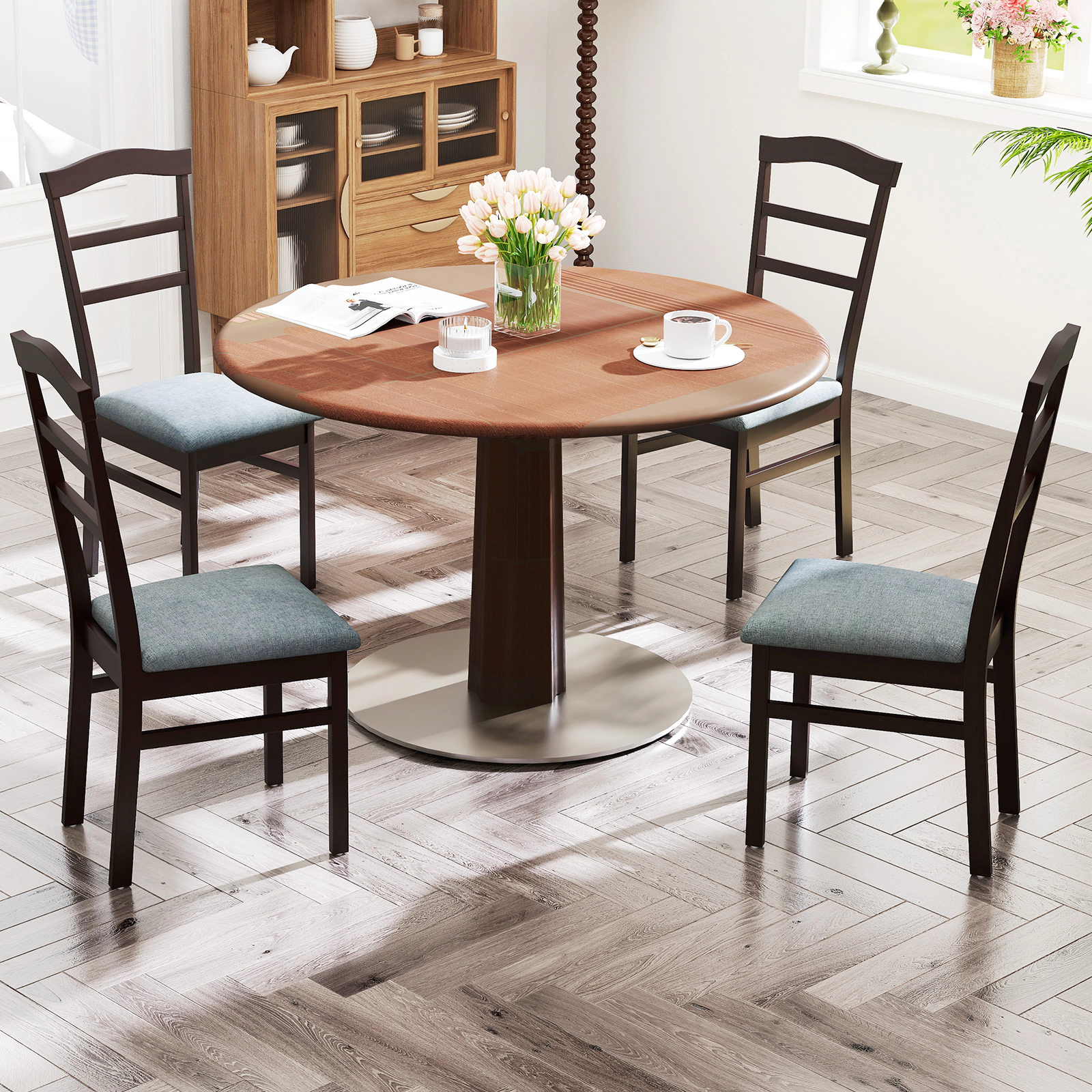 SUGIFT Set of 2 Linen Fabric Upholstered Wooden Dining Chairs with Curved Back 265-Lb Capacity Coffee+Gray