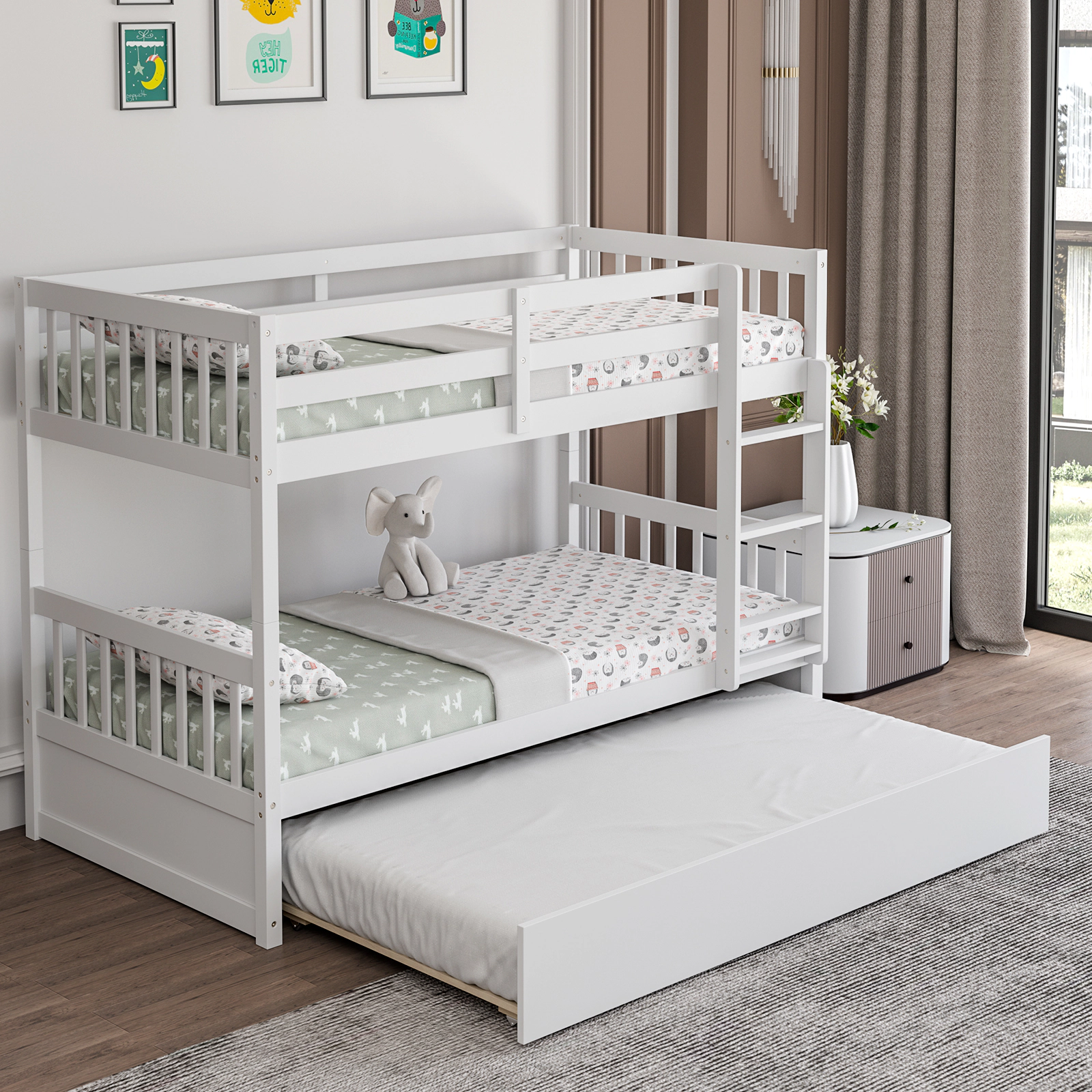 SUGIFT Twin-over-Twin Bunk Bed with Pull-Out Trundle, Ladder and Guardrails, White