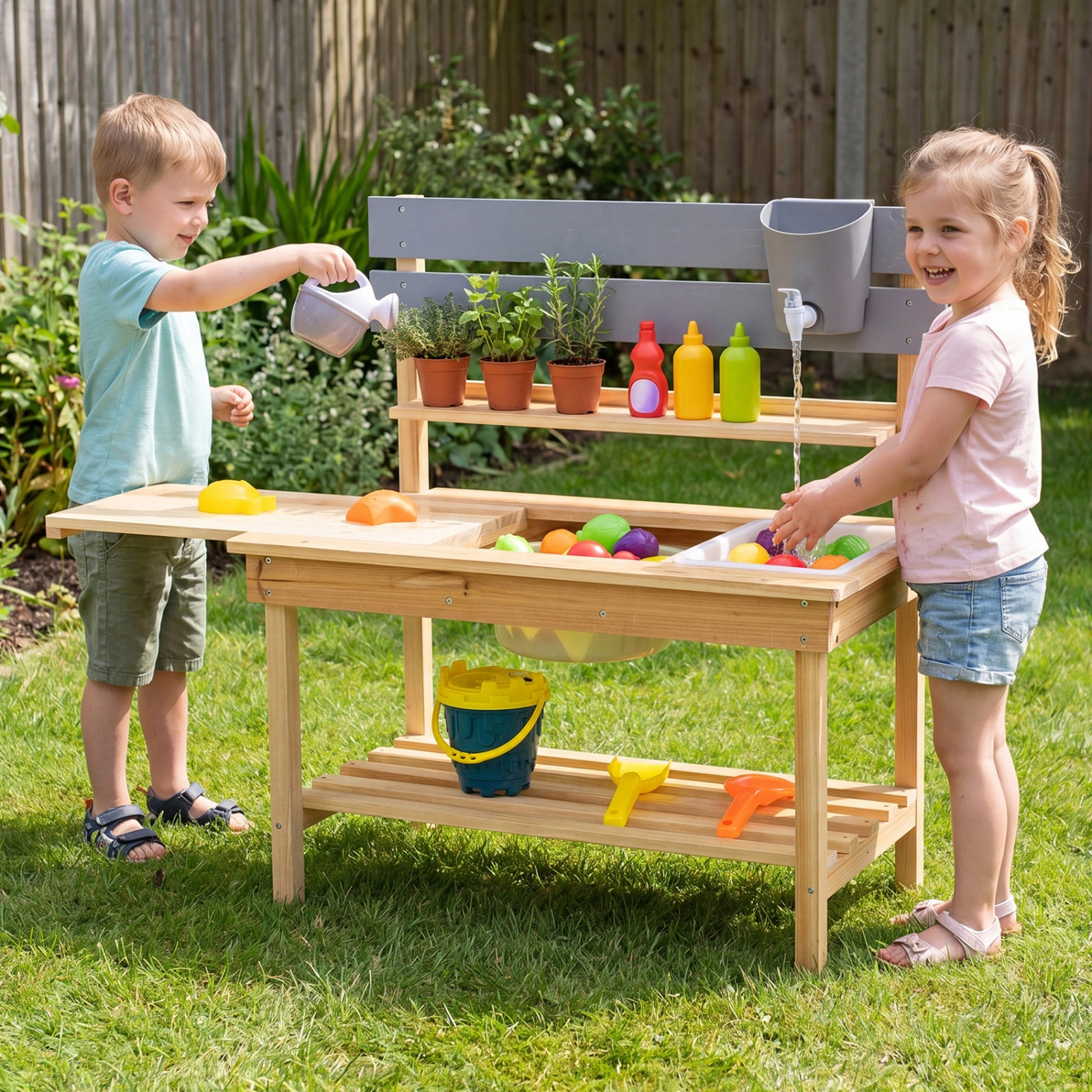 SUGIFT Outdoor Kids Mud Kitchen with Pull-Out Tabletop Water Basin and Storage Shelves Ages 3+ 31.5-in Tall Natural