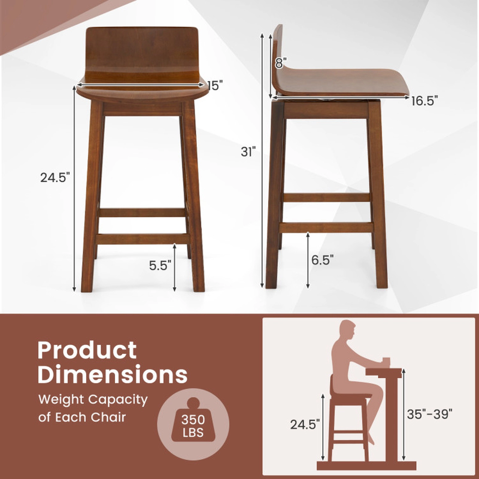 SUGIFT Set of 2 360 Swivel Low Back Counter Height Wooden Bar Stools 15-in x 16.5-in x 31-in 350-lb Capacity Walnut