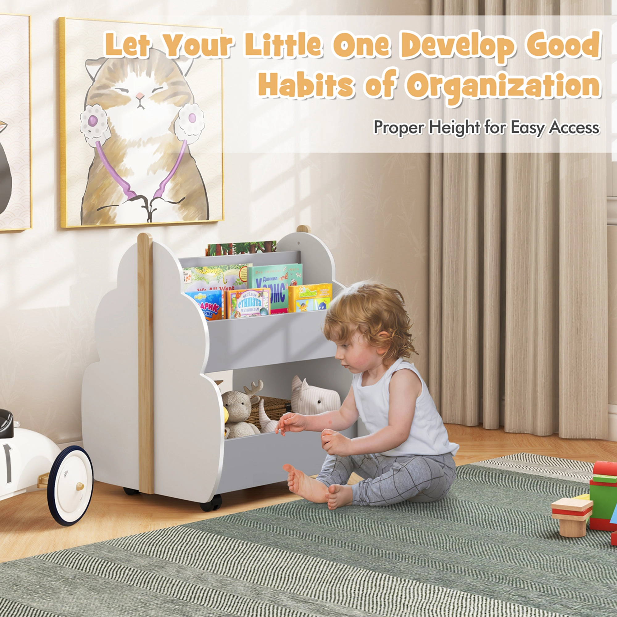 Costway Kids Wooden Bookshelf with Wheels 2-Tier Toy Storage Shelf Double-sided Bookcase Grey