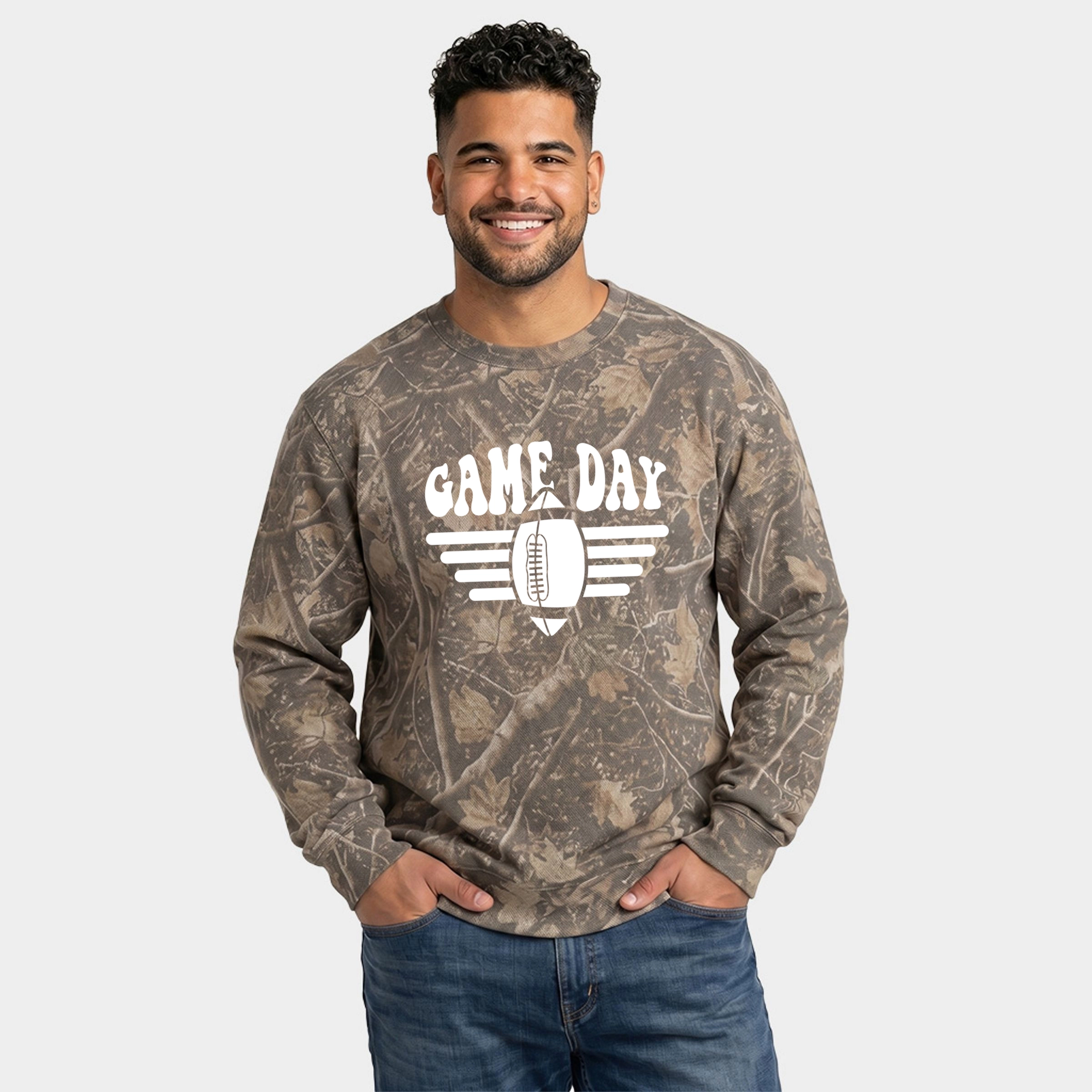 Simply Sage Market - Men's Camo Sweatshirt Football Game Day Stripes