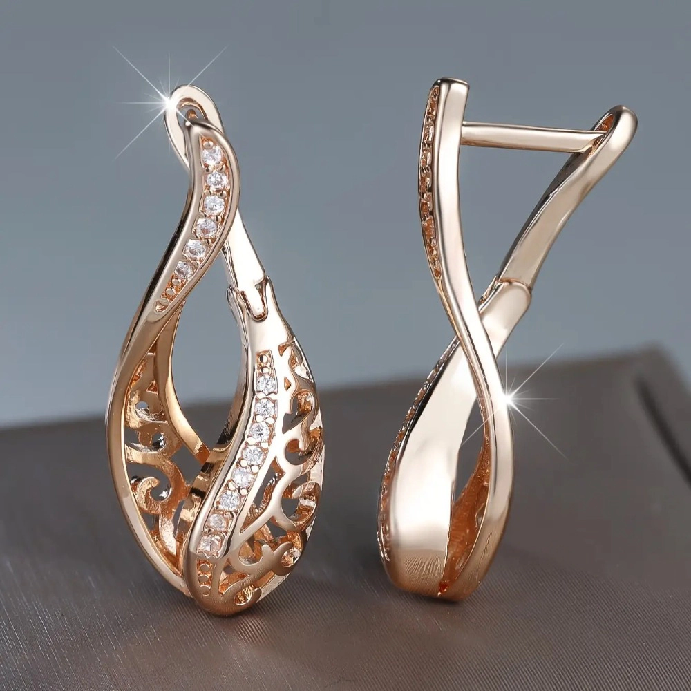 Rose Gold Hollow Filigree Twist Cubic Zirconia Huggie Drop Earrings for Women