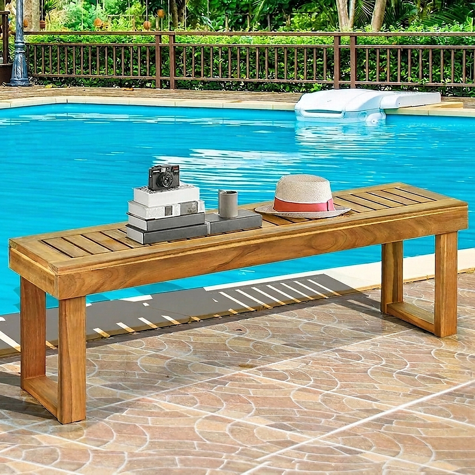 SUGIFT 52 in Acacia Wood Dining Bench Teak Tone with Slatted Seat for Patio and Kitchen