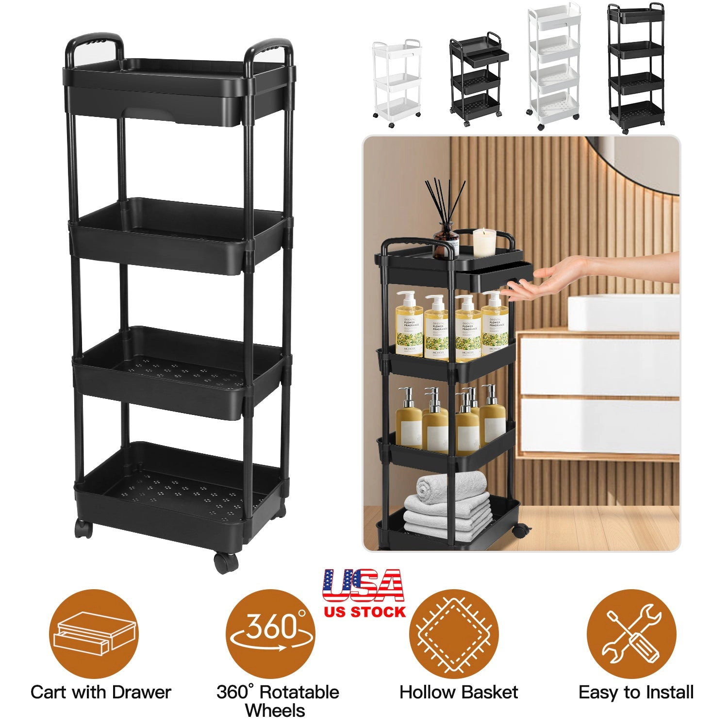 GBruno 3-Tier Rolling Utility Cart With Drawer