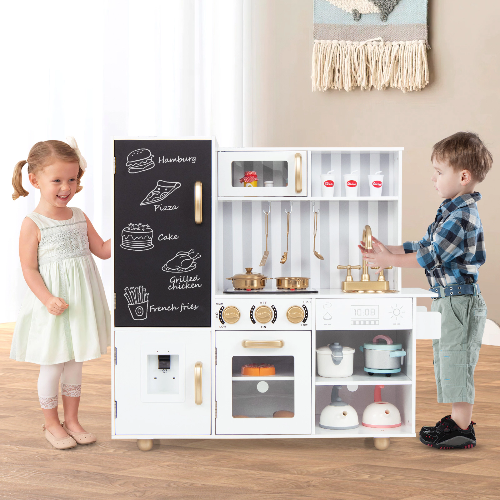 SUGIFT White Dishwasher Oven and Realistic Lights and Sounds Kids Pretend Play Kitchen