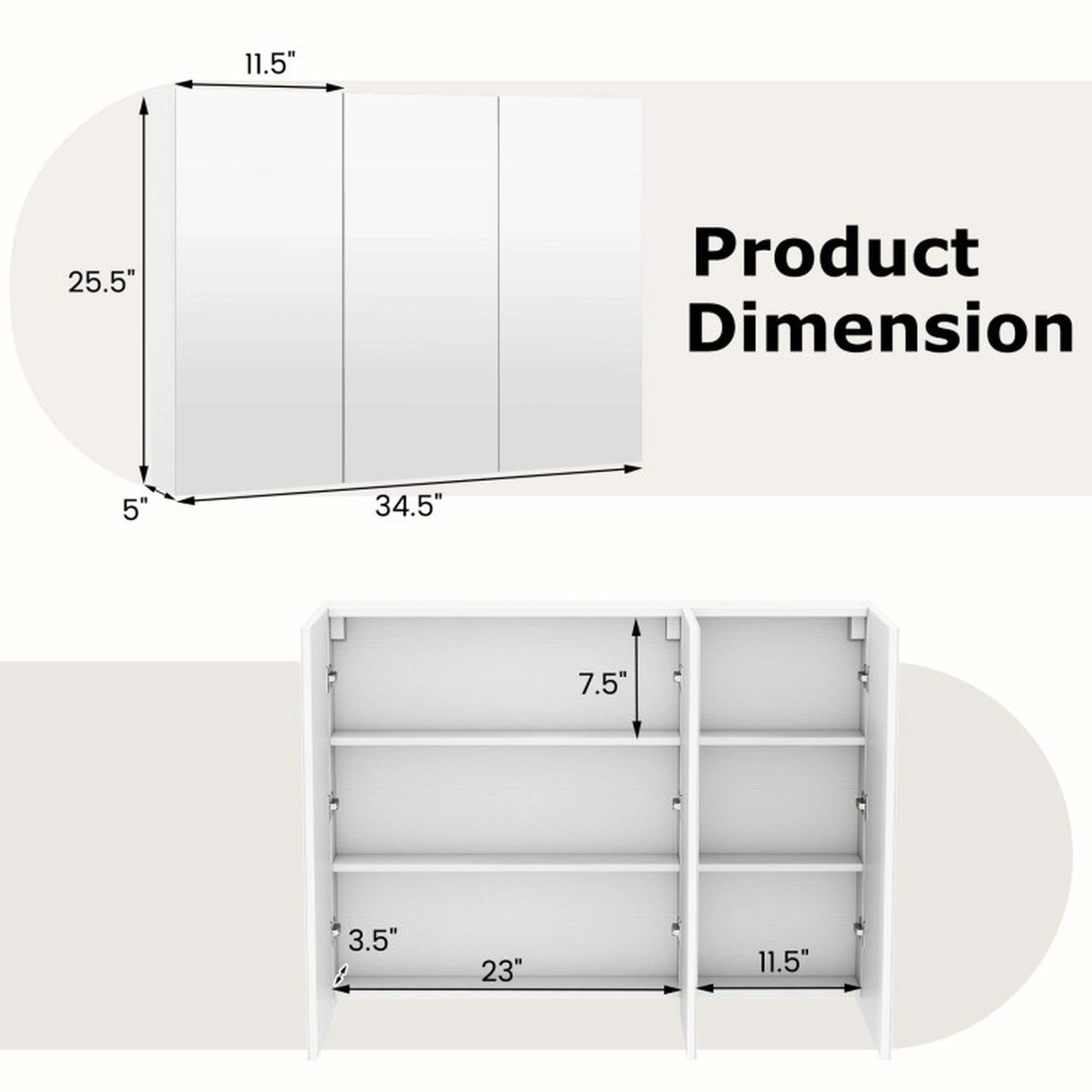 SUGIFT 3-Door Frameless Mirrored Surface Mount Bathroom Medicine Cabinet 34.5-in x 5-in x 25.5-in 6 Compartments White
