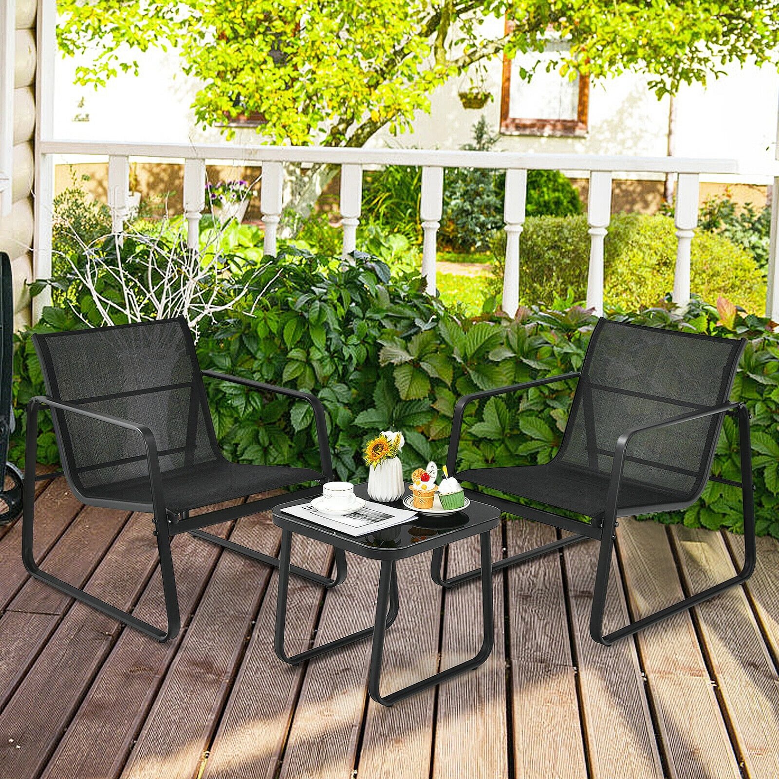 LJG 3 Pieces Patio Bistro Furniture Set with Glass Top Table Garden Deck