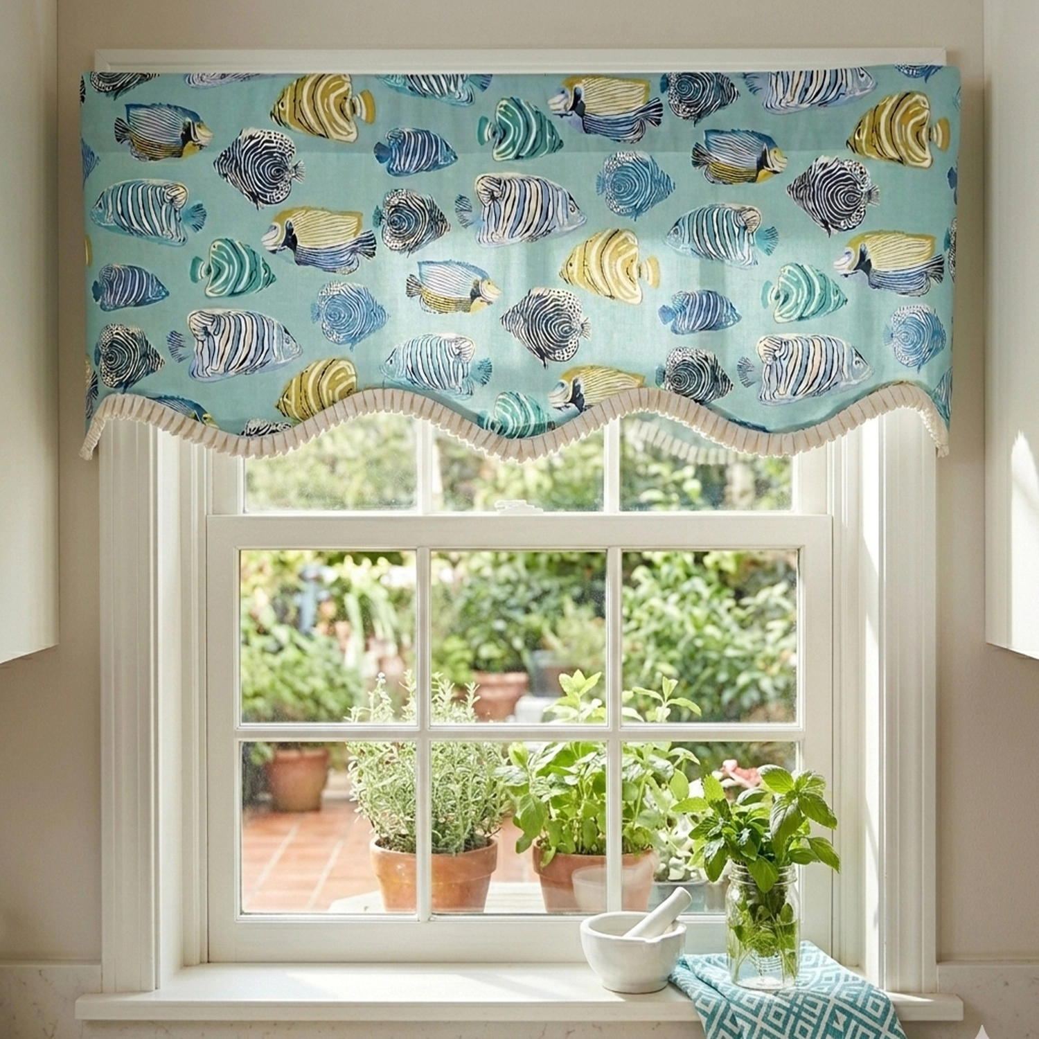 RLF Home 100% Cotton Fishbowl Provance With Ivory Lining Rod Pocket Window Valance 50" x 17" Aqua