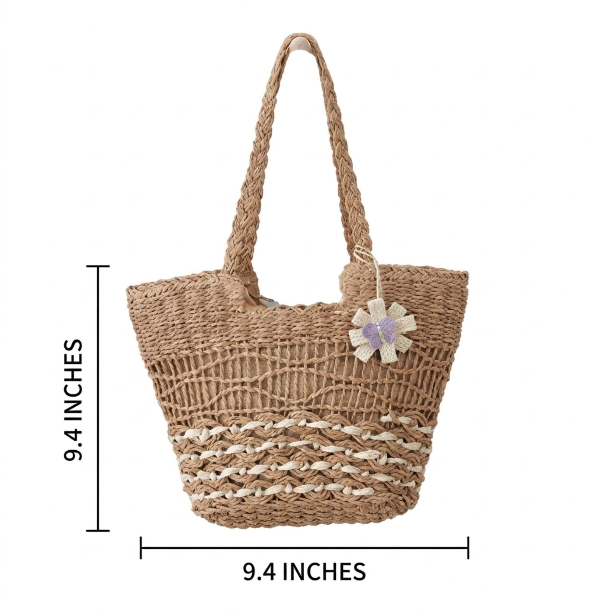 Alilang Women's Woven Look Straw Tote Bag with Braided Handles and Charm Detail, Brown