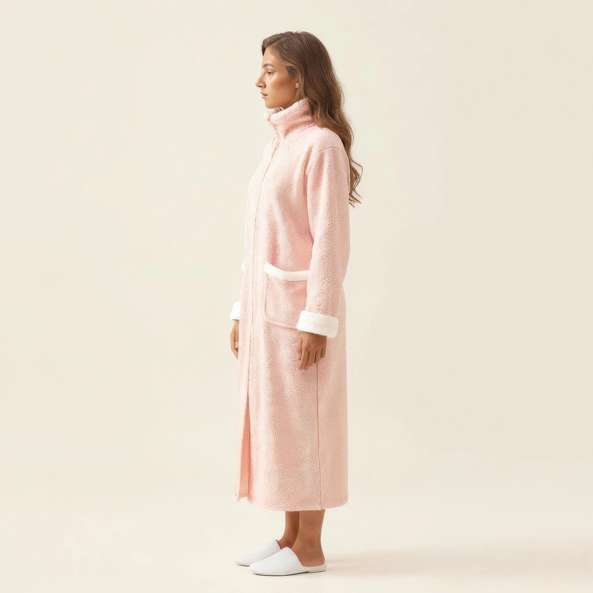 Anna-Kaci Women's Long Plush Zip Front Robe with Stand Collar Pockets Soft Fleece